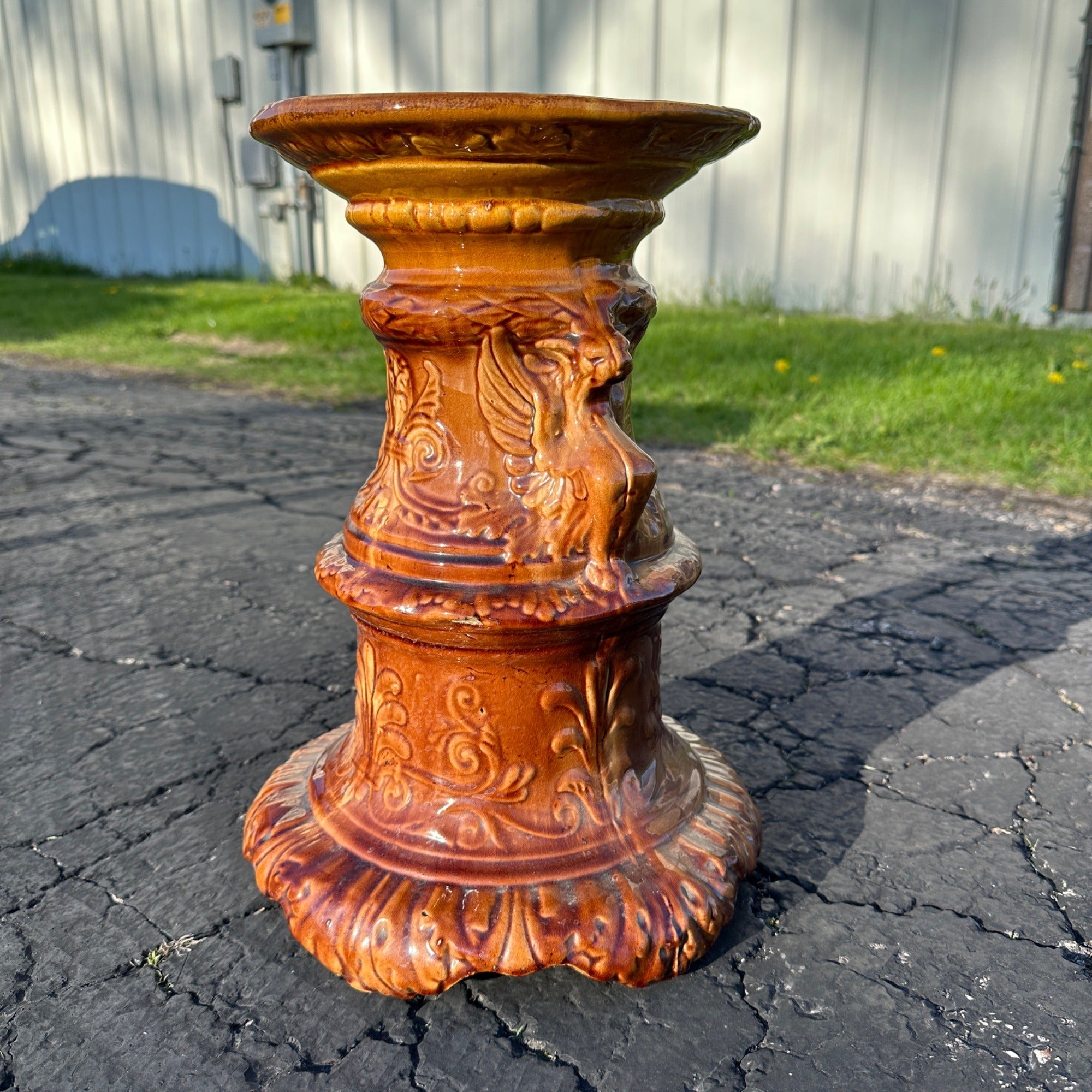 Vintage JB Owens Majolica Pottery Tall Jardiniere Plant Stand Pedestal
