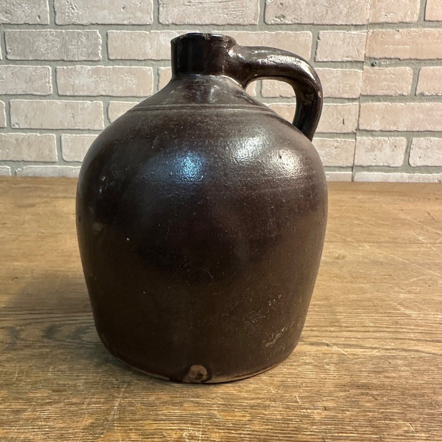 Antique 7" Vintage Antique Moonshine Whiskey Jug Brown Stoneware Crock