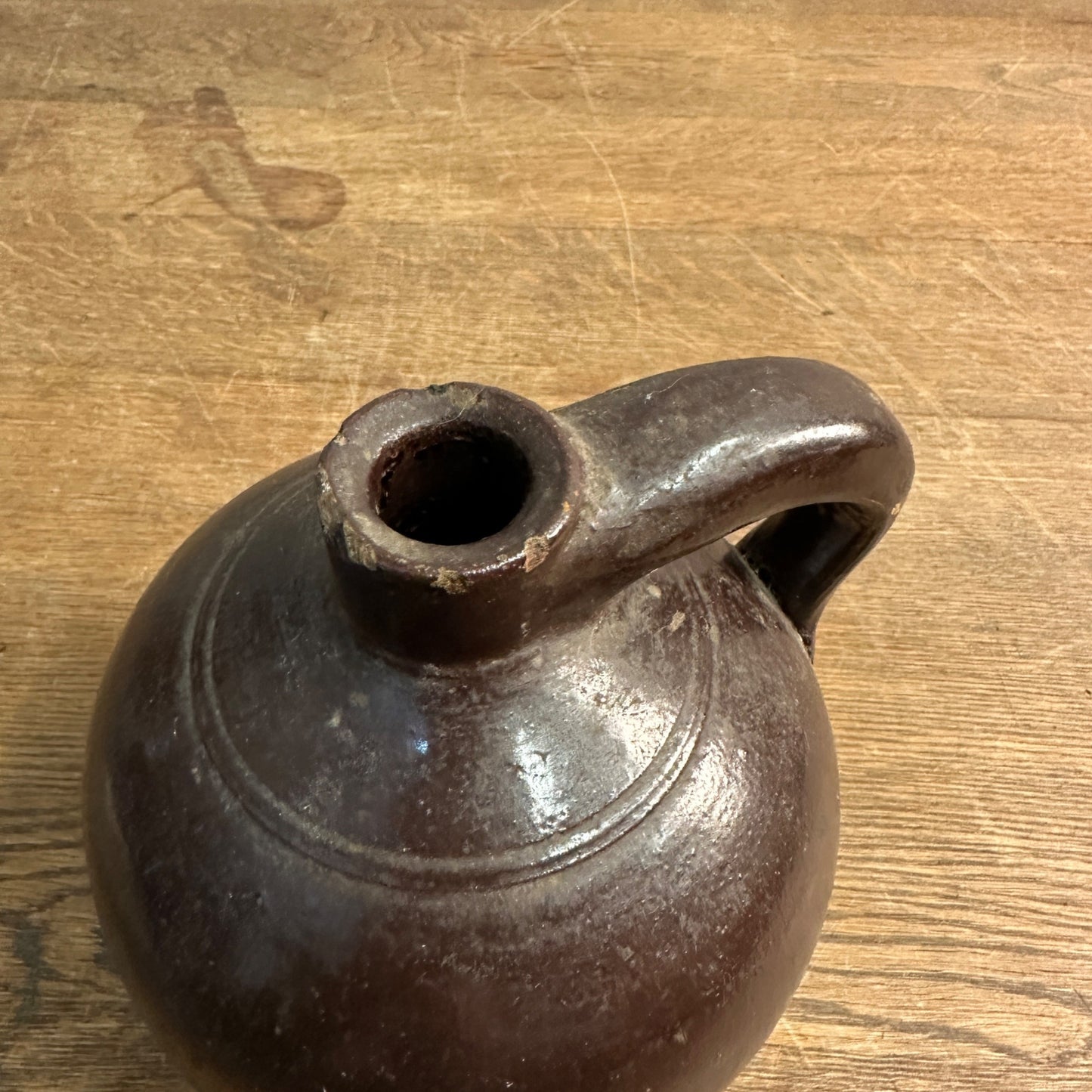 Antique 7" Vintage Antique Moonshine Whiskey Jug Brown Stoneware Crock