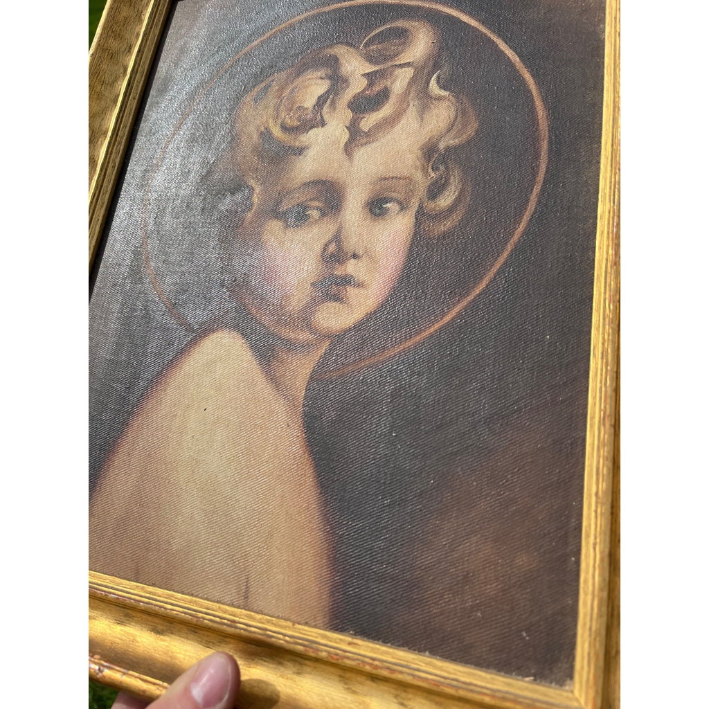 Vintage Framed Canvas Print Christ Child Portrait Halo Cherub Style Mid Century Religious