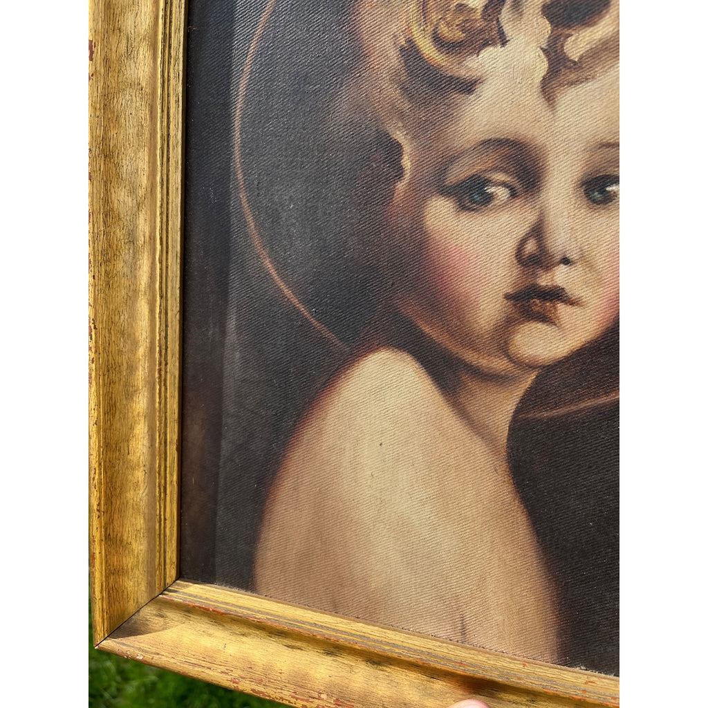 Vintage Framed Canvas Print Christ Child Portrait Halo Cherub Style Mid Century Religious