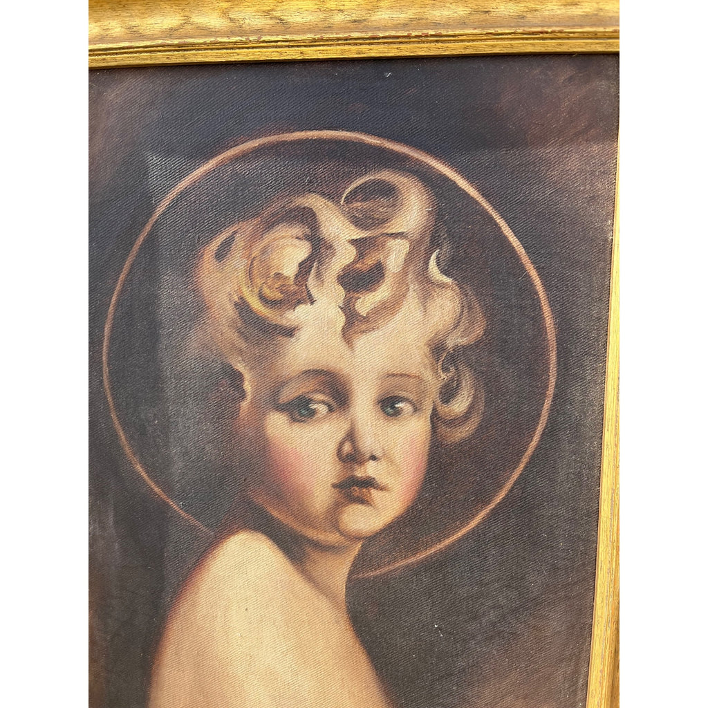Vintage Framed Canvas Print Christ Child Portrait Halo Cherub Style Mid Century Religious
