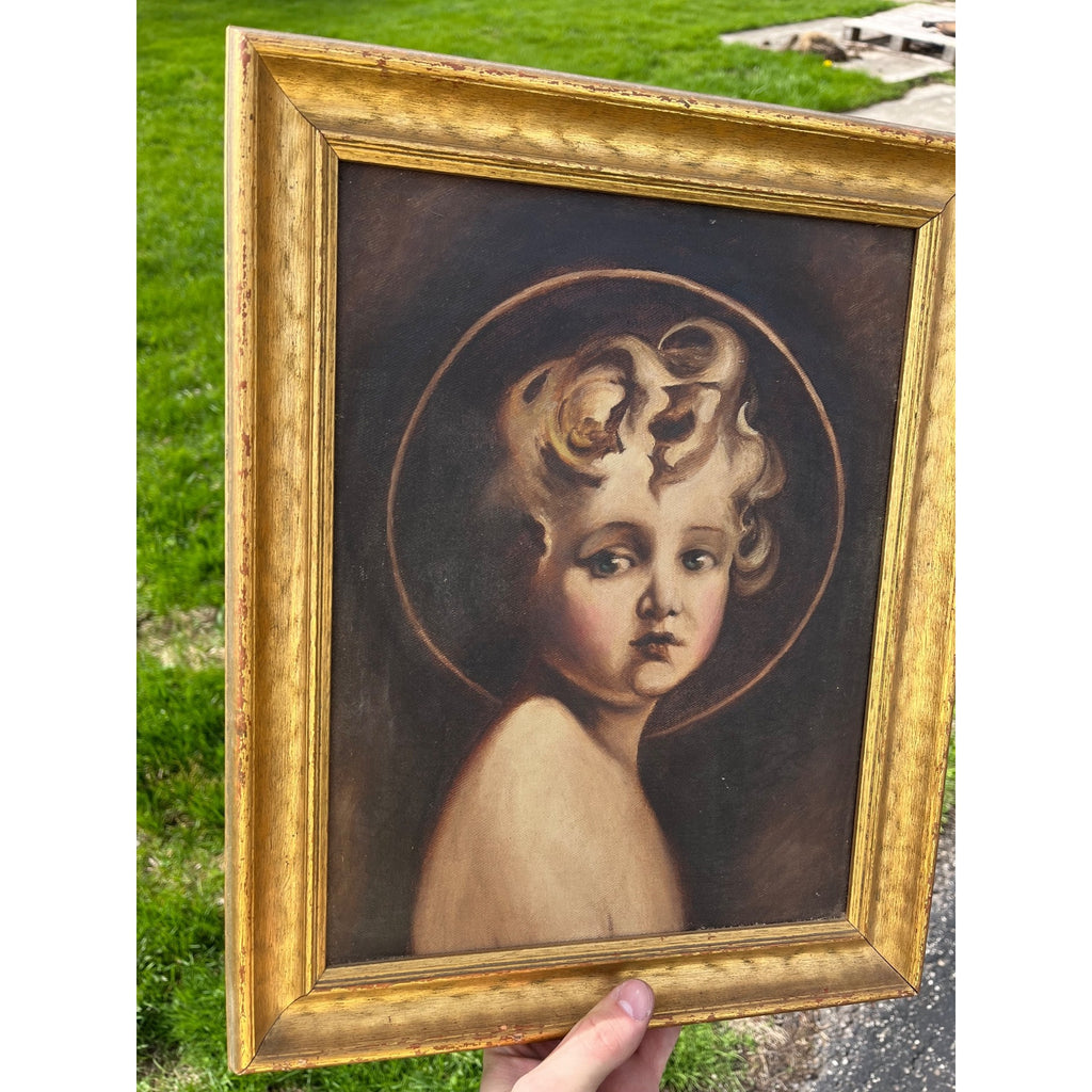Vintage Framed Canvas Print Christ Child Portrait Halo Cherub Style Mid Century Religious