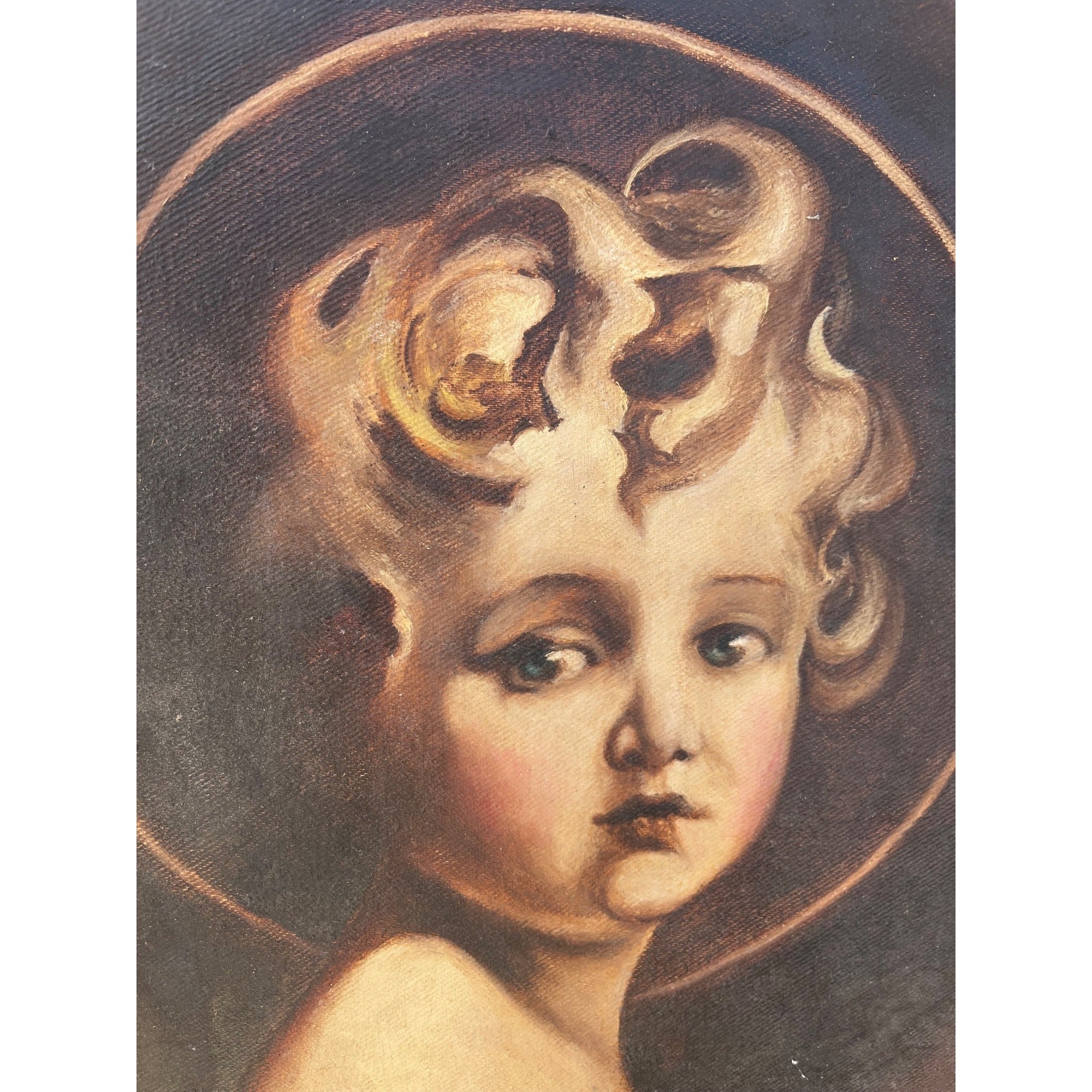 Vintage Framed Canvas Print Christ Child Portrait Halo Cherub Style Mid Century Religious