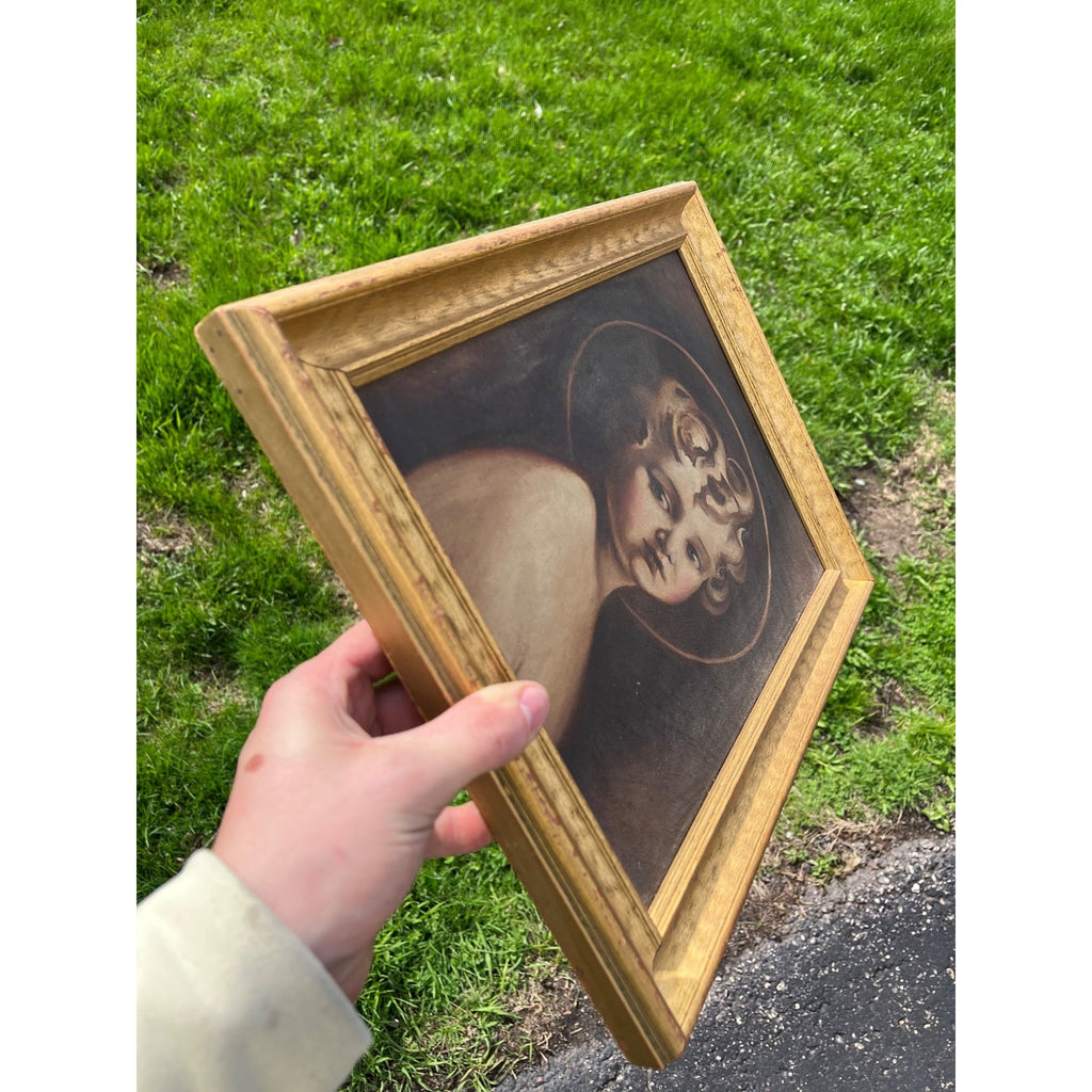 Vintage Framed Canvas Print Christ Child Portrait Halo Cherub Style Mid Century Religious