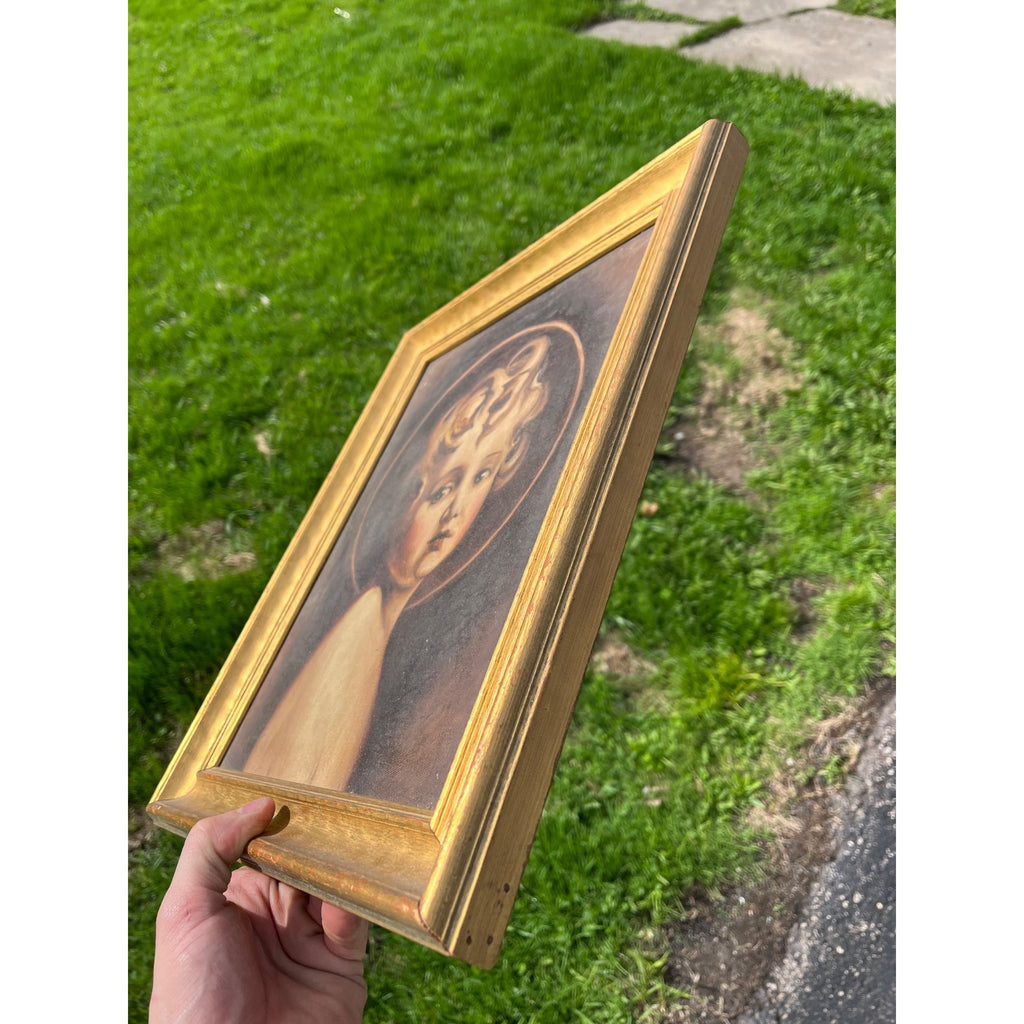 Vintage Framed Canvas Print Christ Child Portrait Halo Cherub Style Mid Century Religious