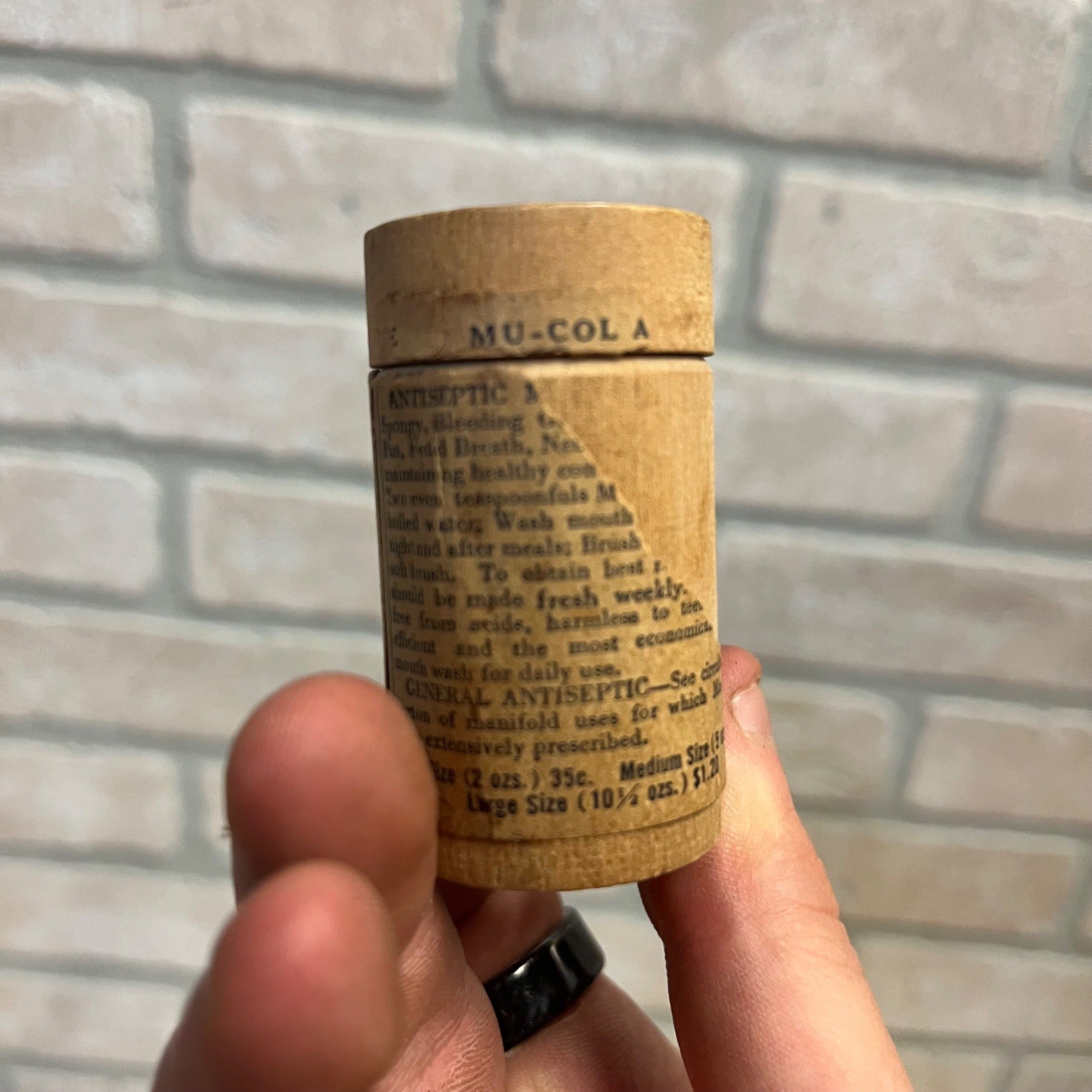 Vintage Mu-Col Antiseptic Powder Wooden Medicine Container Buffalo NY 1920s Sample