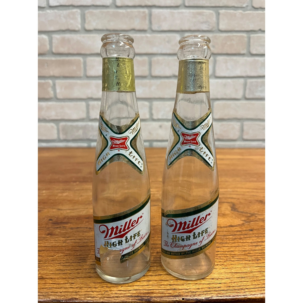 Vintage 1960s Miller High Life Beer 7oz Bottles Lot (2) w/ Labels Milwaukee Wis