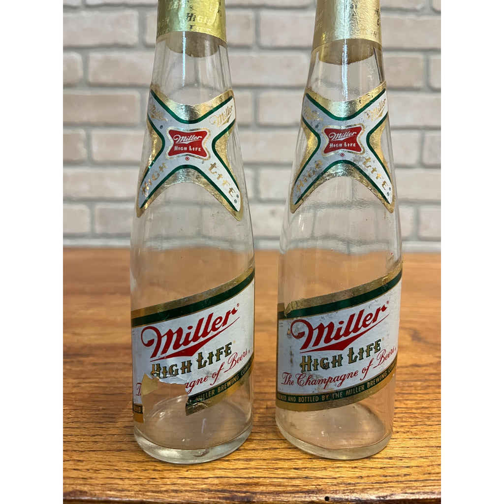 Vintage 1960s Miller High Life Beer 7oz Bottles Lot (2) w/ Labels Milwaukee Wis