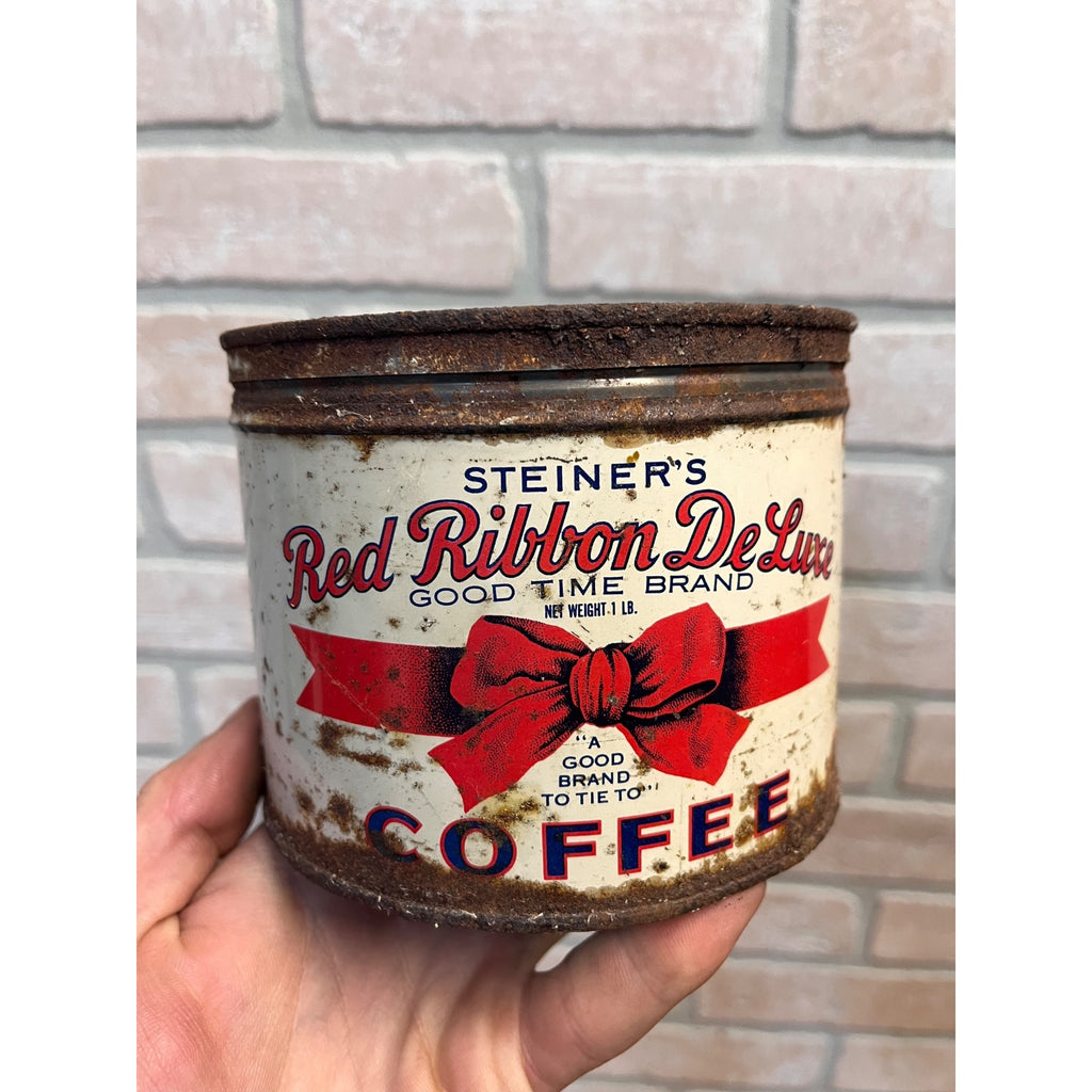 Vintage Steiner's Red Ribbon Deluxe Coffee Tin 1lb Keywind Milwaukee Wis RARE
