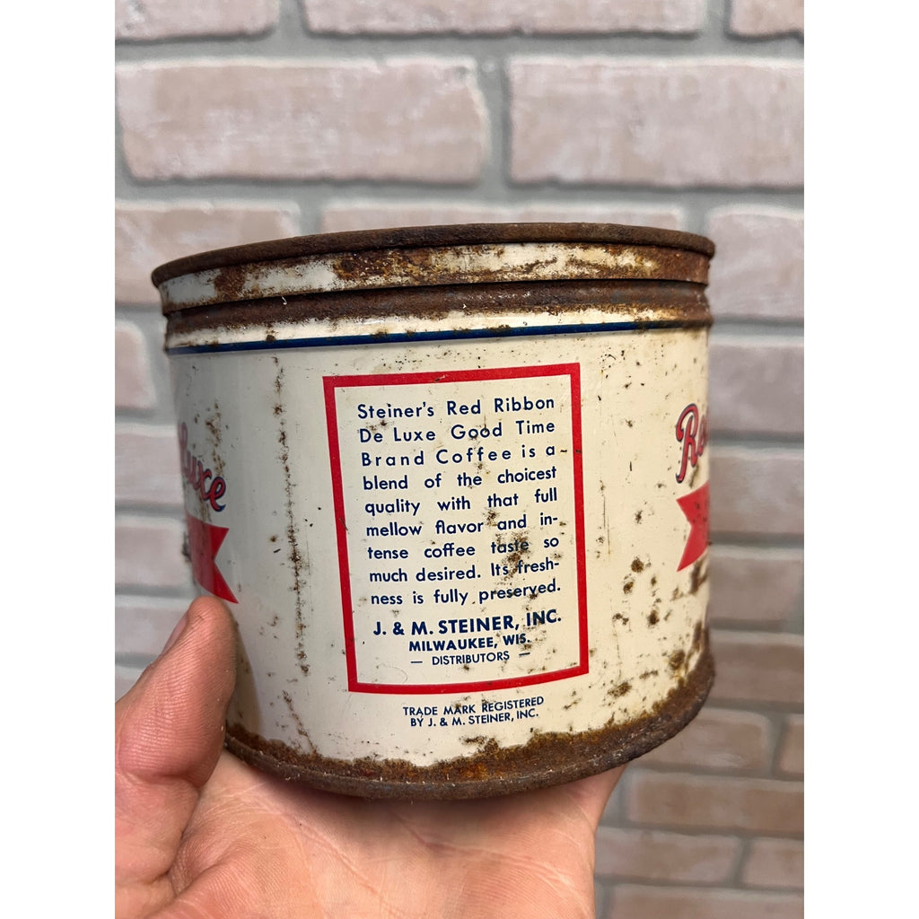 Vintage Steiner's Red Ribbon Deluxe Coffee Tin 1lb Keywind Milwaukee Wis RARE