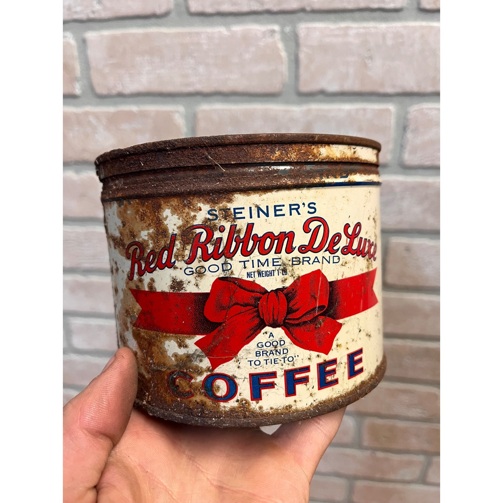 Vintage Steiner's Red Ribbon Deluxe Coffee Tin 1lb Keywind Milwaukee Wis RARE