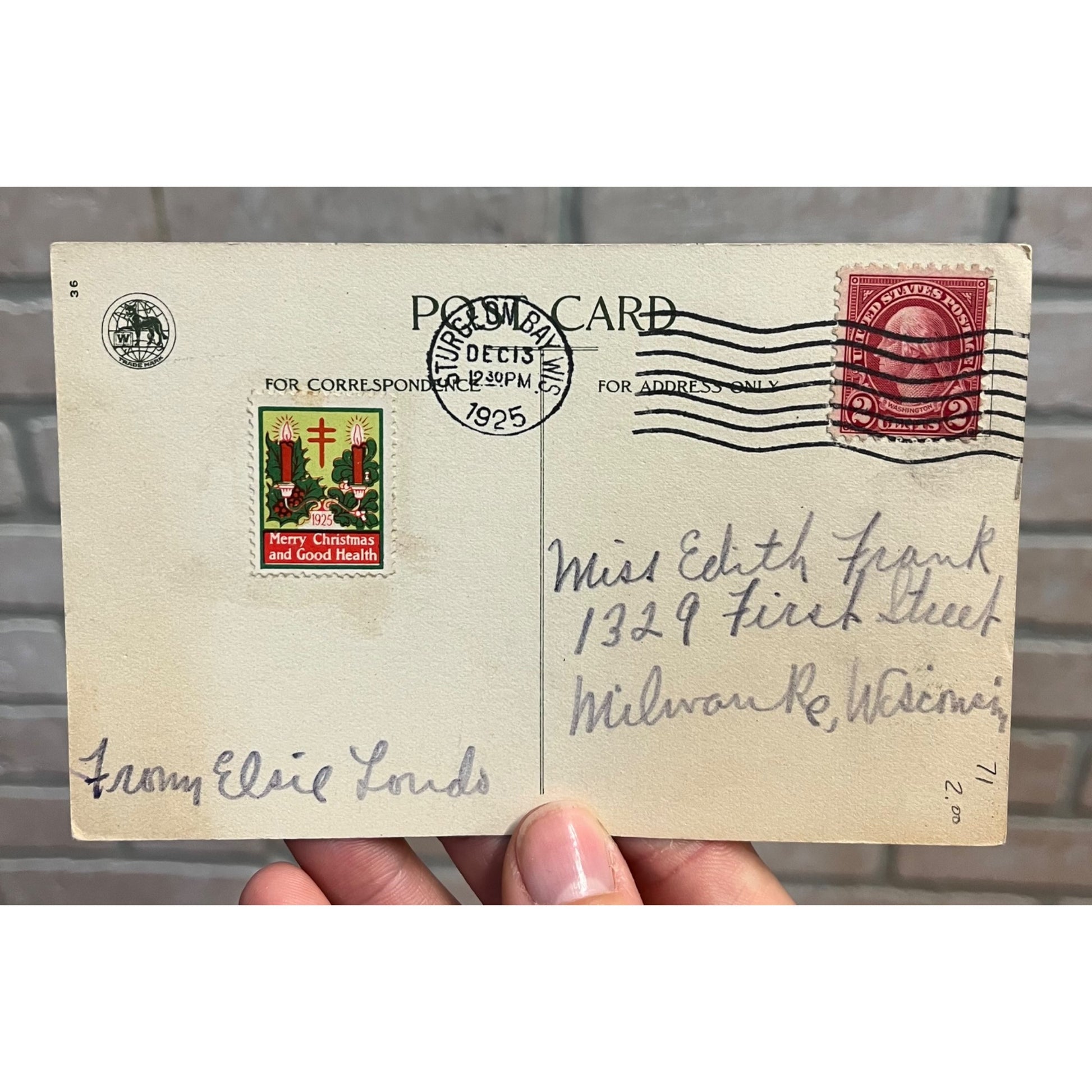 Vintage 1925 Christmas Postcard w/ Christmas Seal Tied US American Red Cross