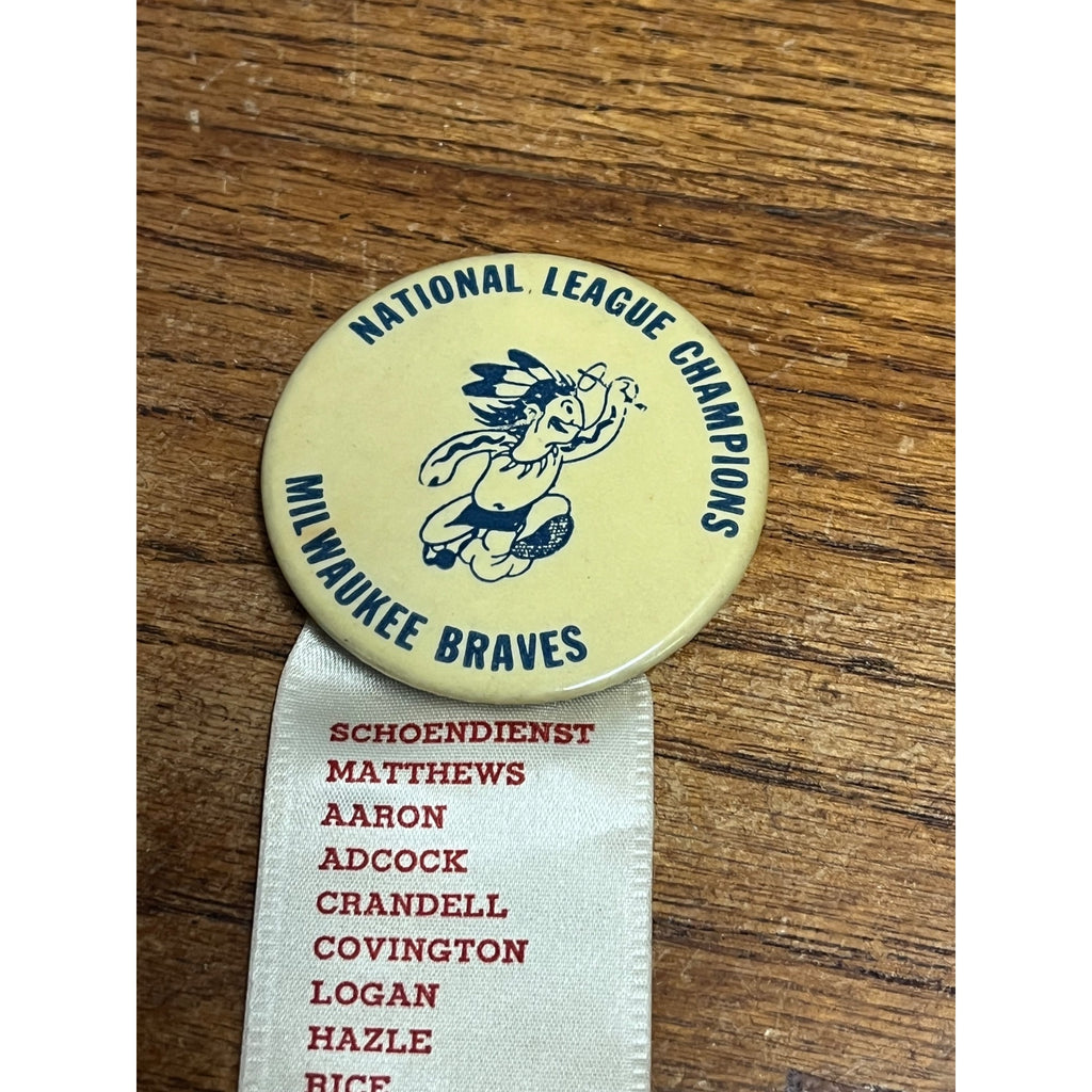 RARE 1957 Baseball Pin Milwaukee Braves National League Champs w/ Roster Ribbon