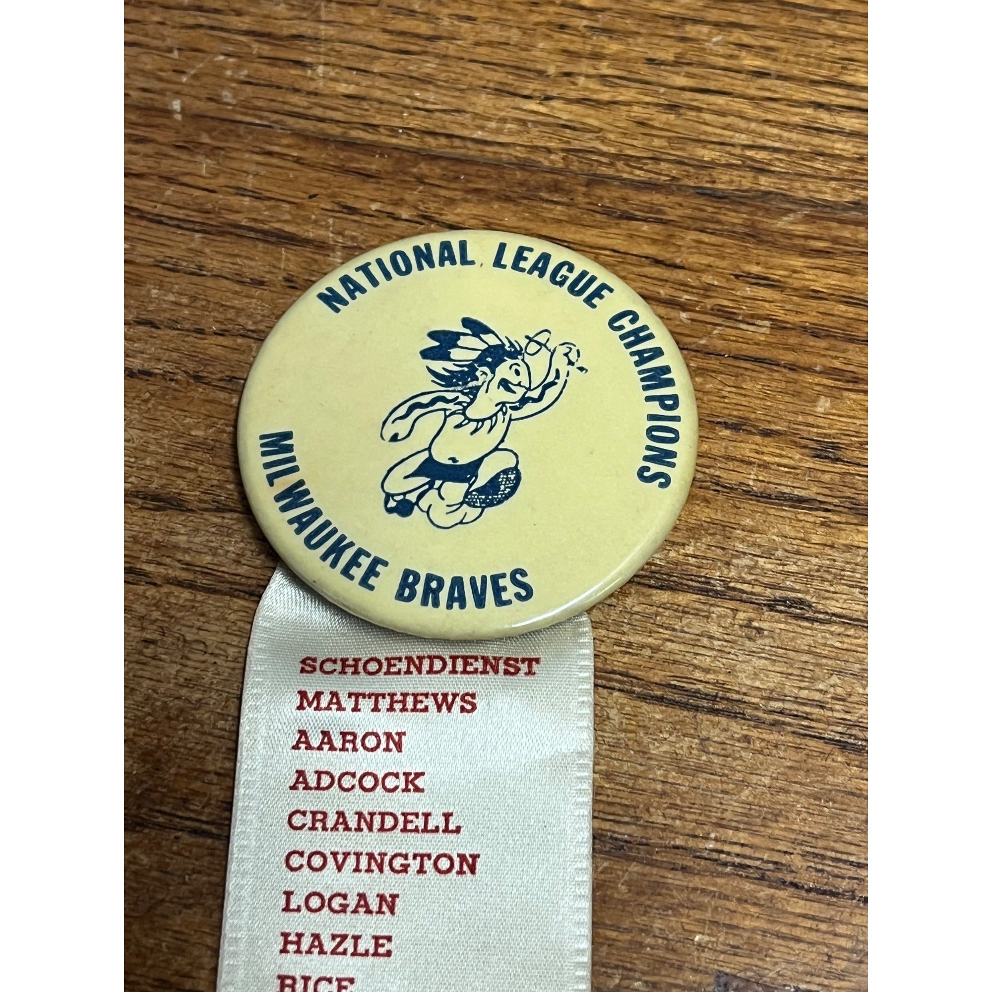RARE 1957 Baseball Pin Milwaukee Braves National League Champs w/ Roster Ribbon