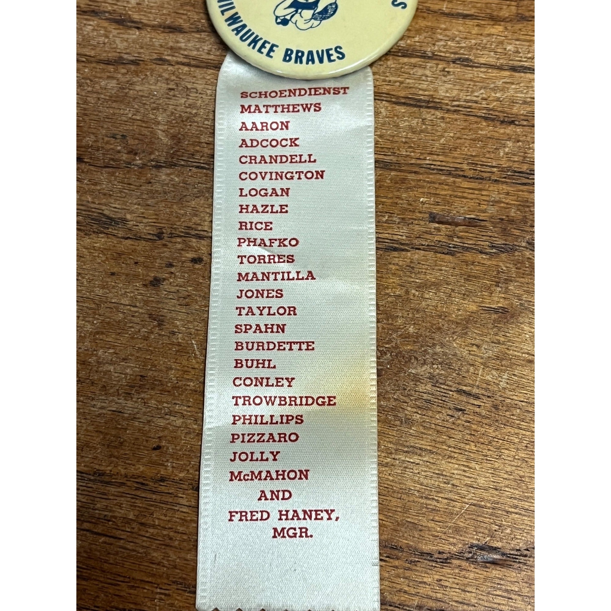 RARE 1957 Baseball Pin Milwaukee Braves National League Champs w/ Roster Ribbon