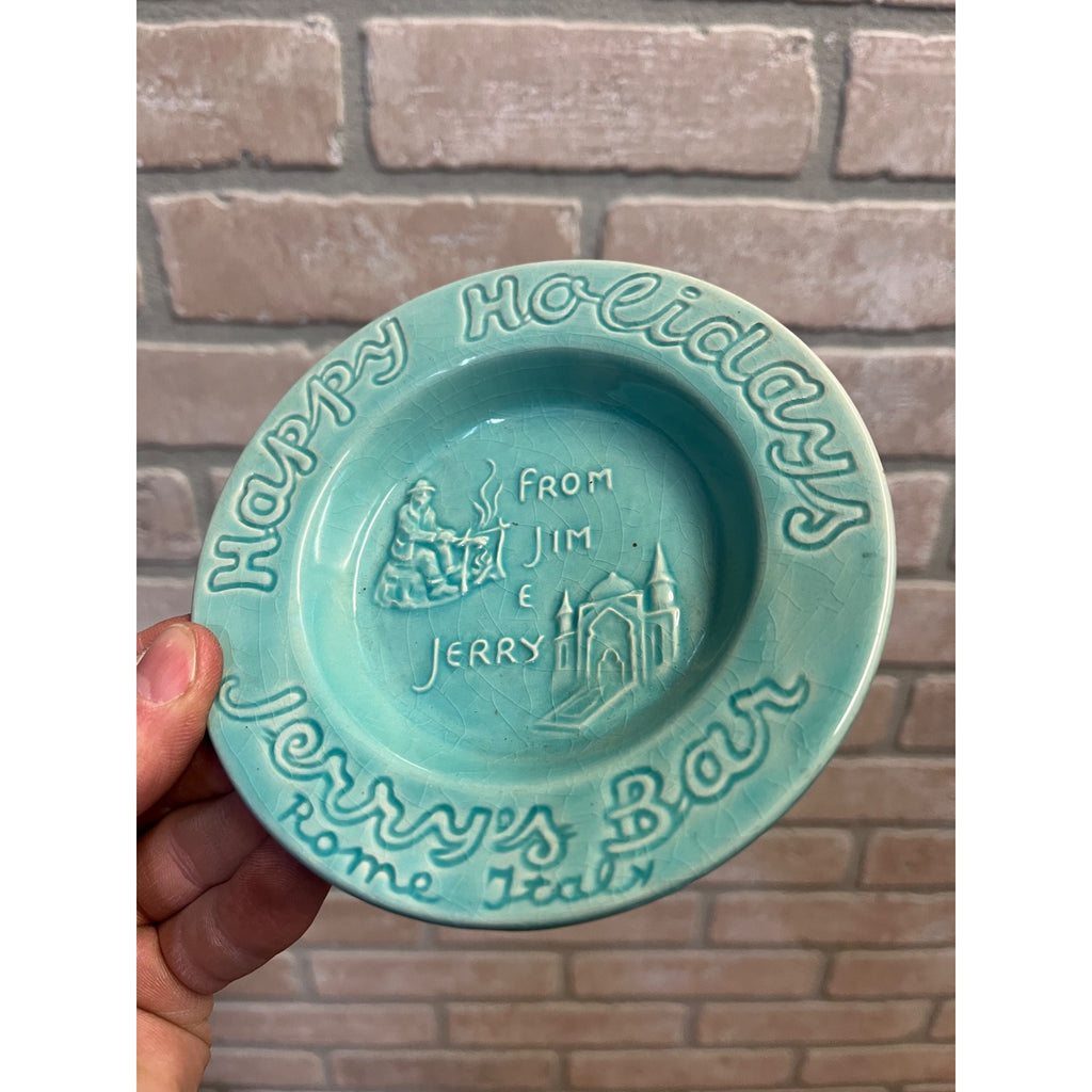 Vintage Holiday Ceramic Ashtray Jerry's Bar Rome Italy Blue Teal
