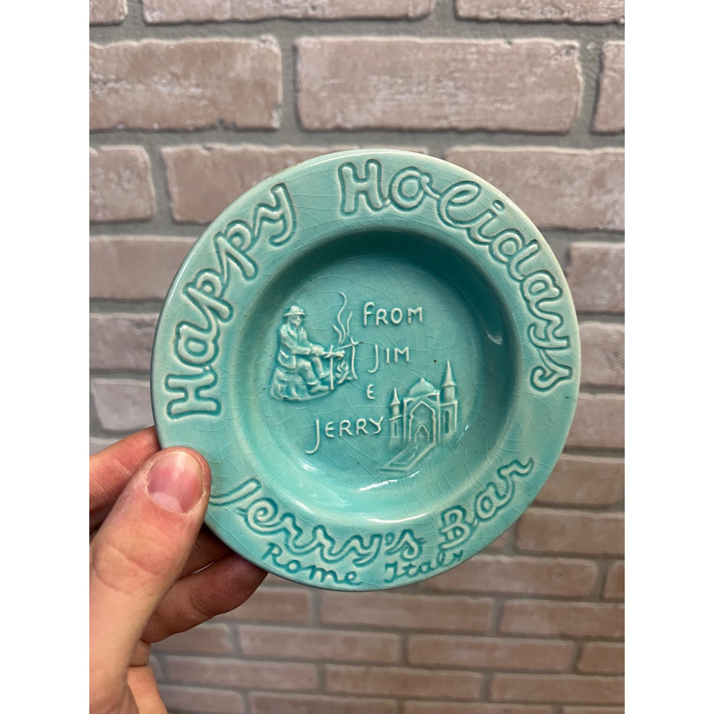 Vintage Holiday Ceramic Ashtray Jerry's Bar Rome Italy Blue Teal