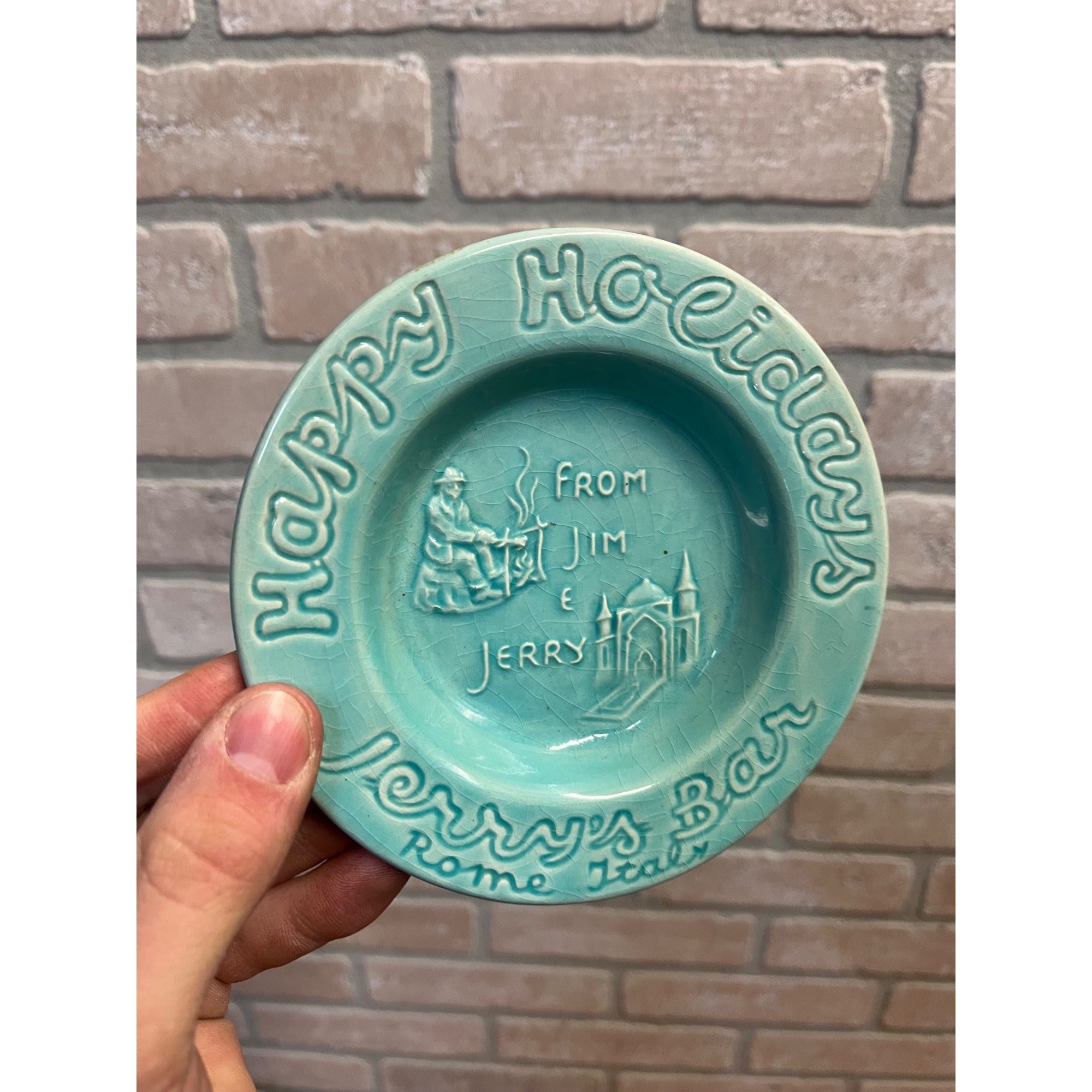Vintage Holiday Ceramic Ashtray Jerry's Bar Rome Italy Blue Teal