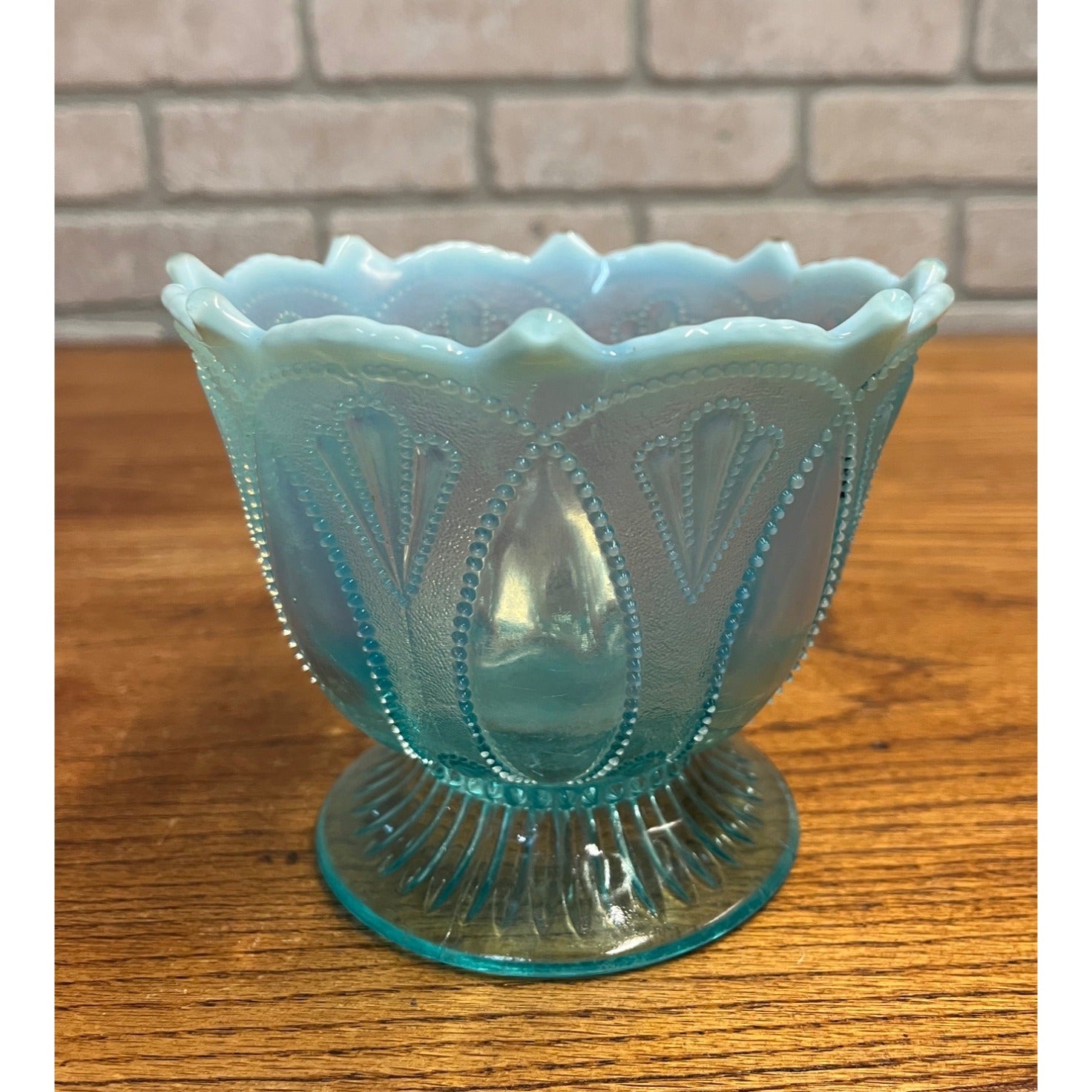 Vintage Northwood Blue Opalescent Glass Roulette Pattern Nut Bowl 4.5"