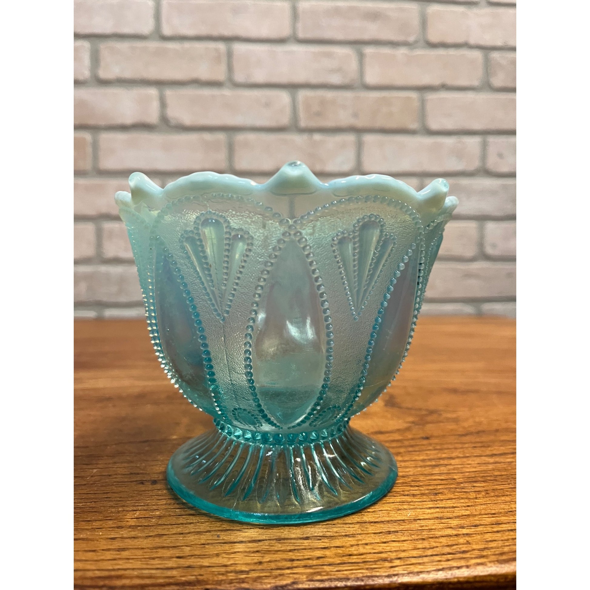 Vintage Northwood Blue Opalescent Glass Roulette Pattern Nut Bowl 4.5"