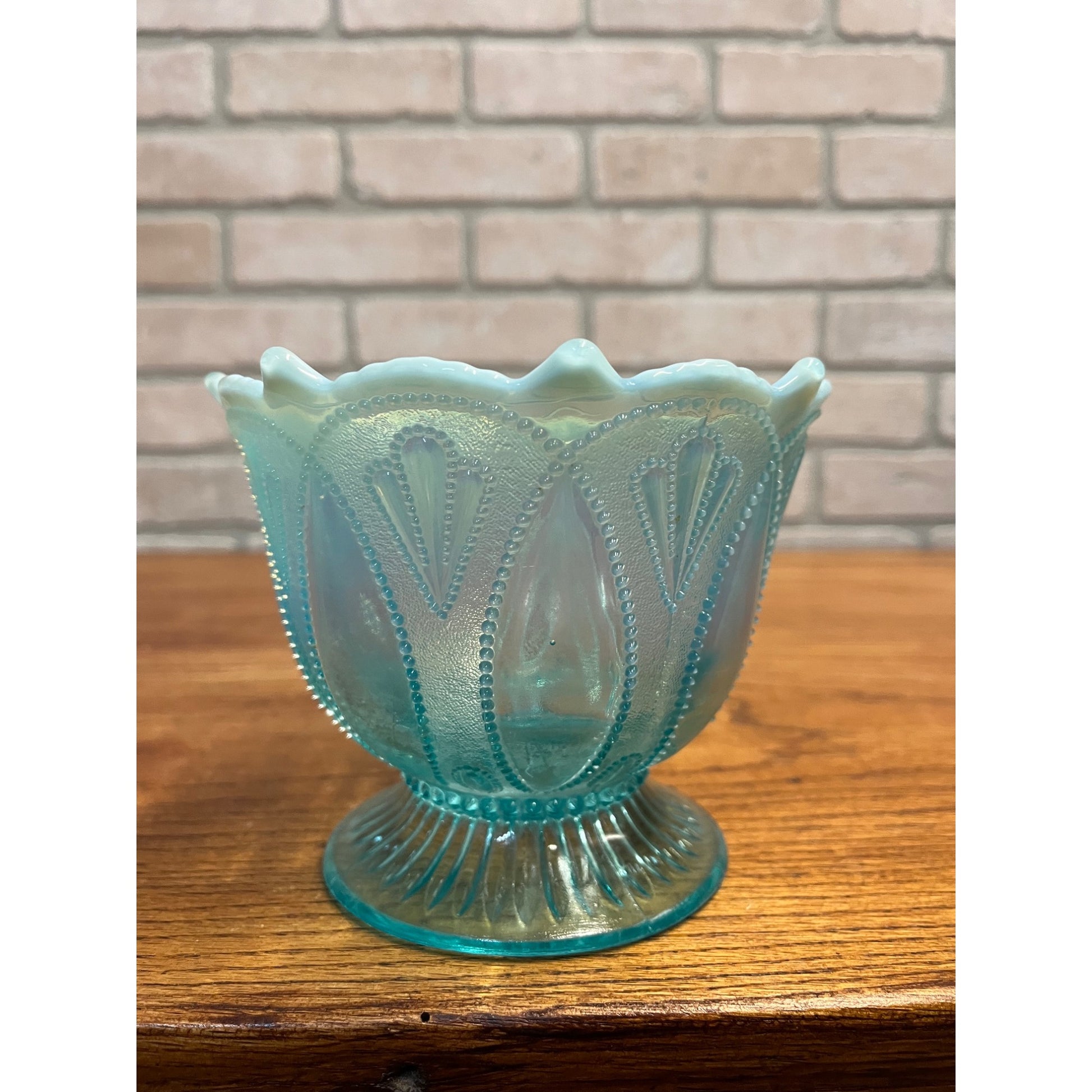 Vintage Northwood Blue Opalescent Glass Roulette Pattern Nut Bowl 4.5"