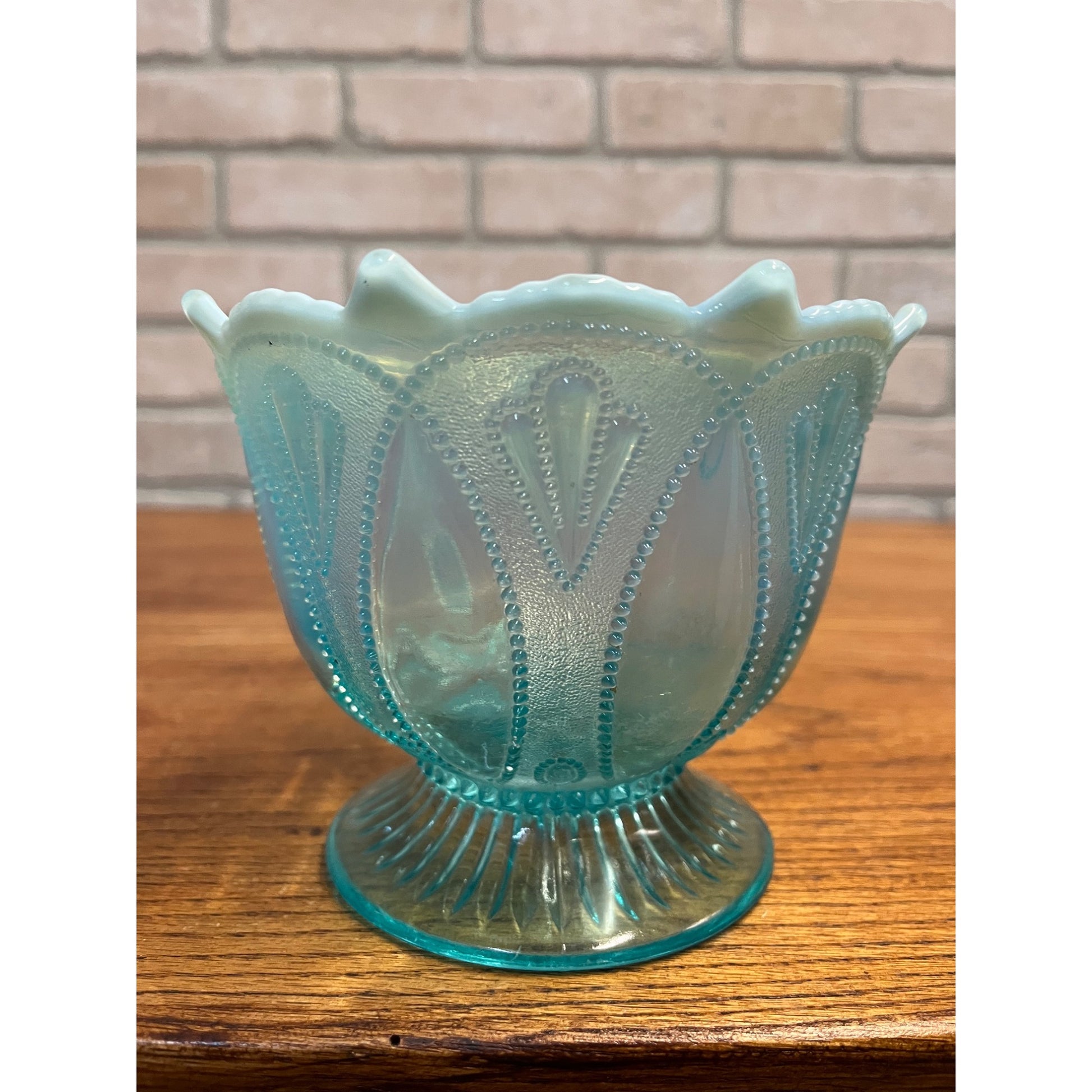 Vintage Northwood Blue Opalescent Glass Roulette Pattern Nut Bowl 4.5"