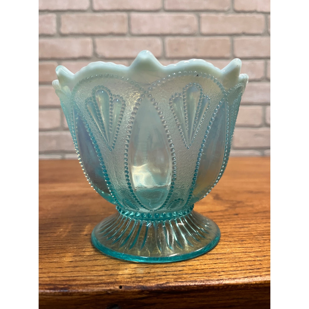 Vintage Northwood Blue Opalescent Glass Roulette Pattern Nut Bowl 4.5"