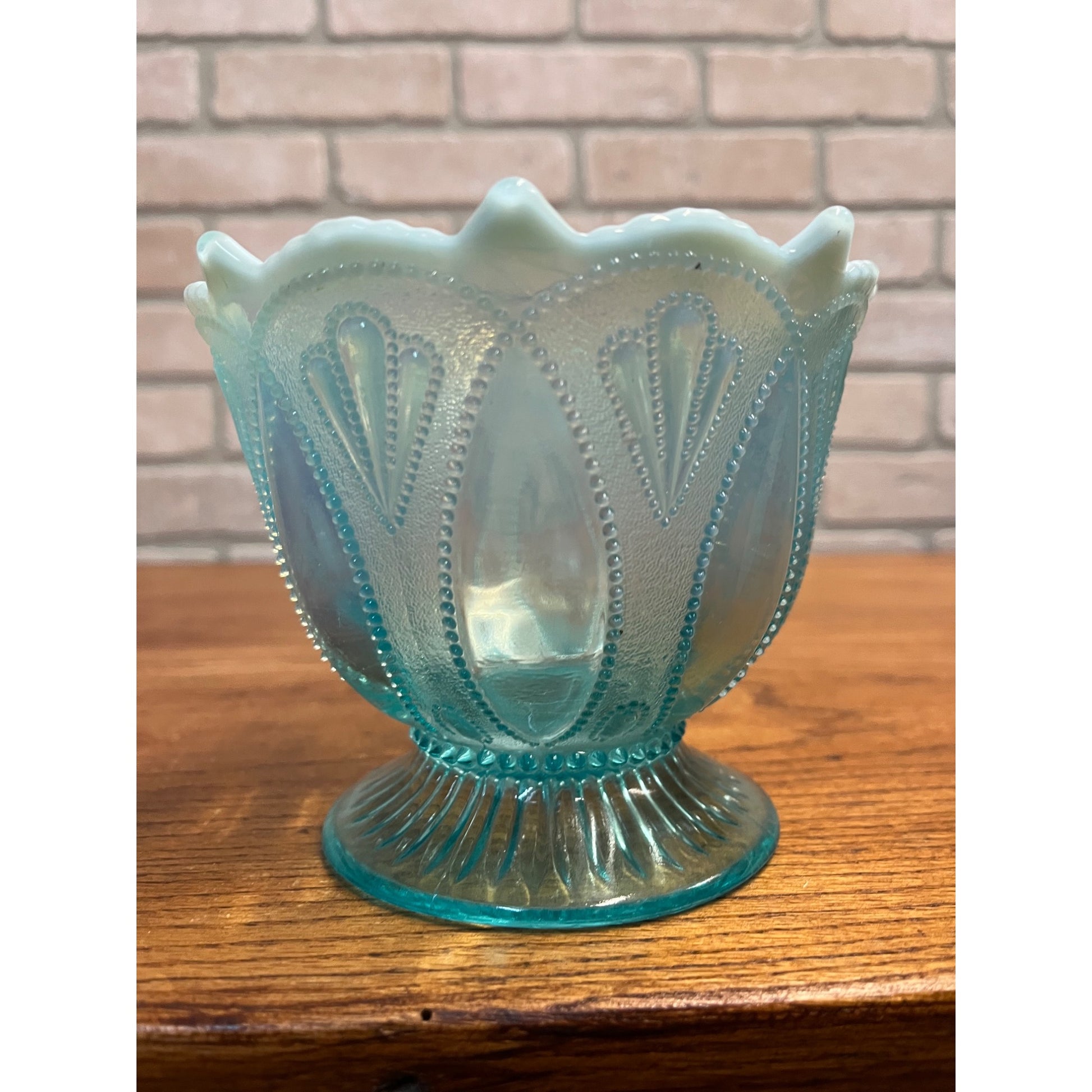 Vintage Northwood Blue Opalescent Glass Roulette Pattern Nut Bowl 4.5"