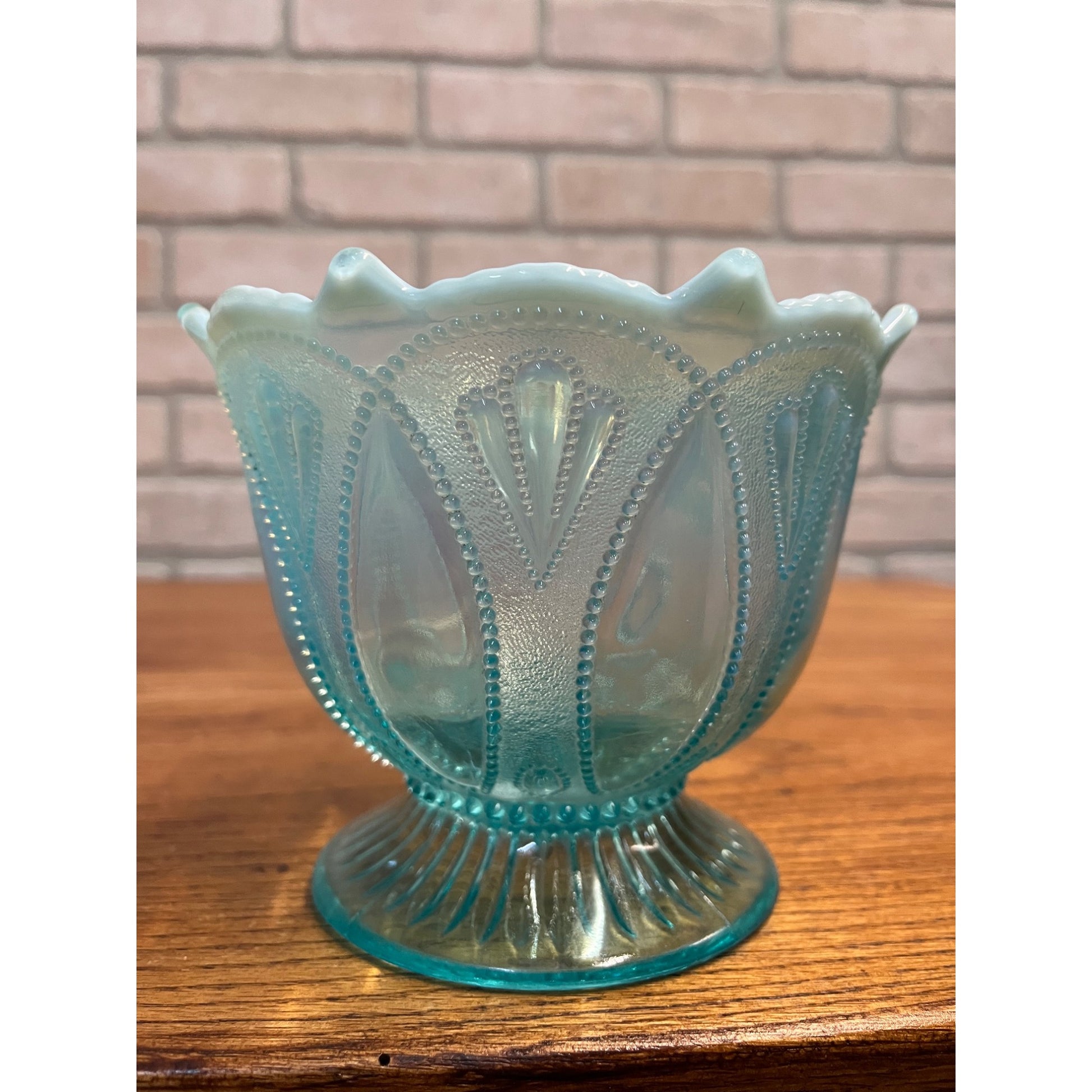 Vintage Northwood Blue Opalescent Glass Roulette Pattern Nut Bowl 4.5"