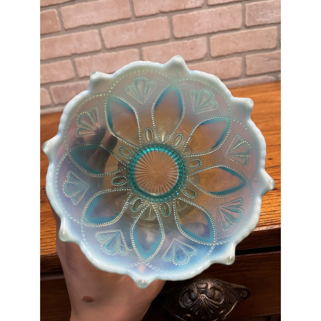 Vintage Northwood Blue Opalescent Glass Roulette Pattern Nut Bowl 4.5"
