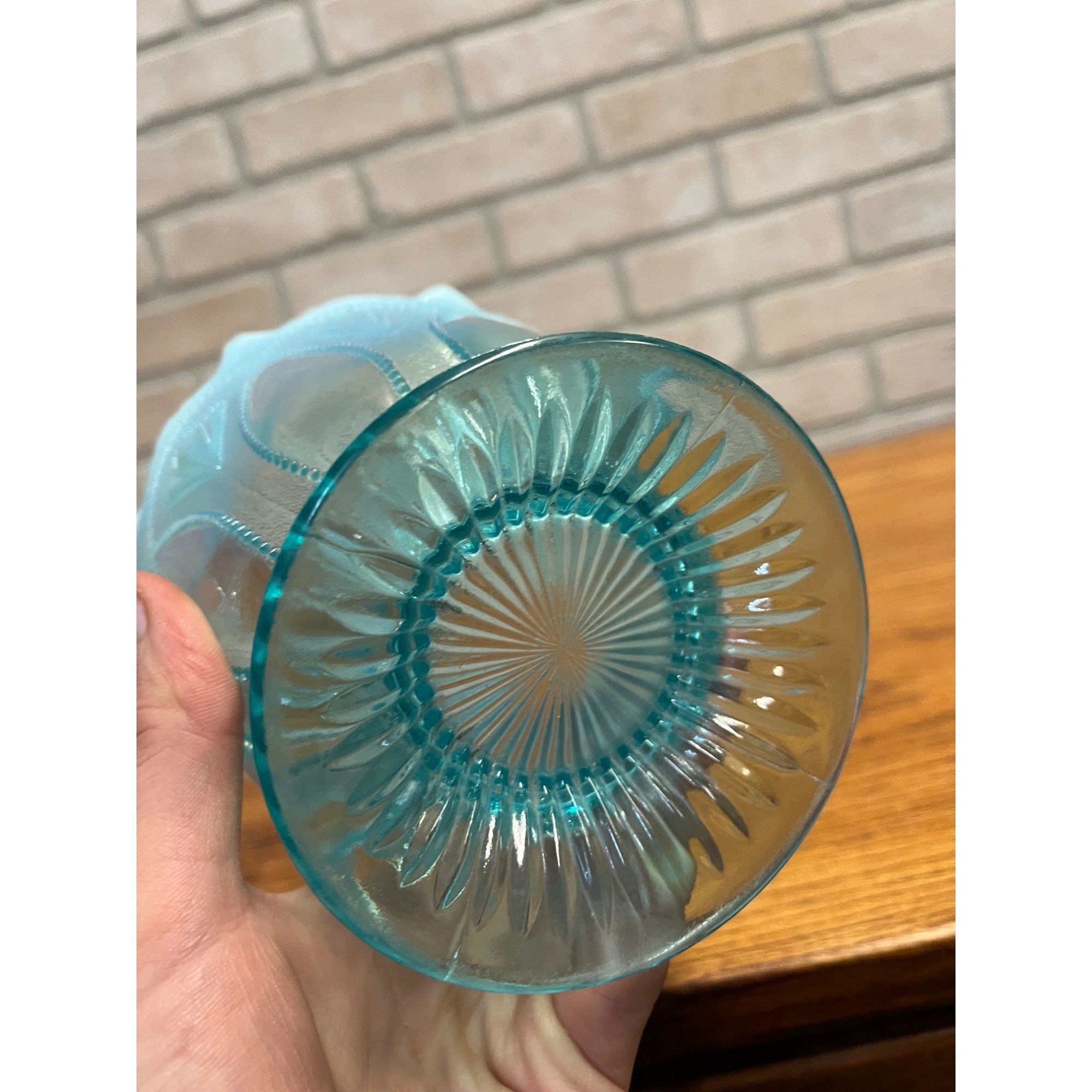 Vintage Northwood Blue Opalescent Glass Roulette Pattern Nut Bowl 4.5"