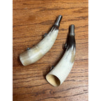 Vintage Modele Elless Depose Carved Bovine Hunting Horn Pair France Circa 1960