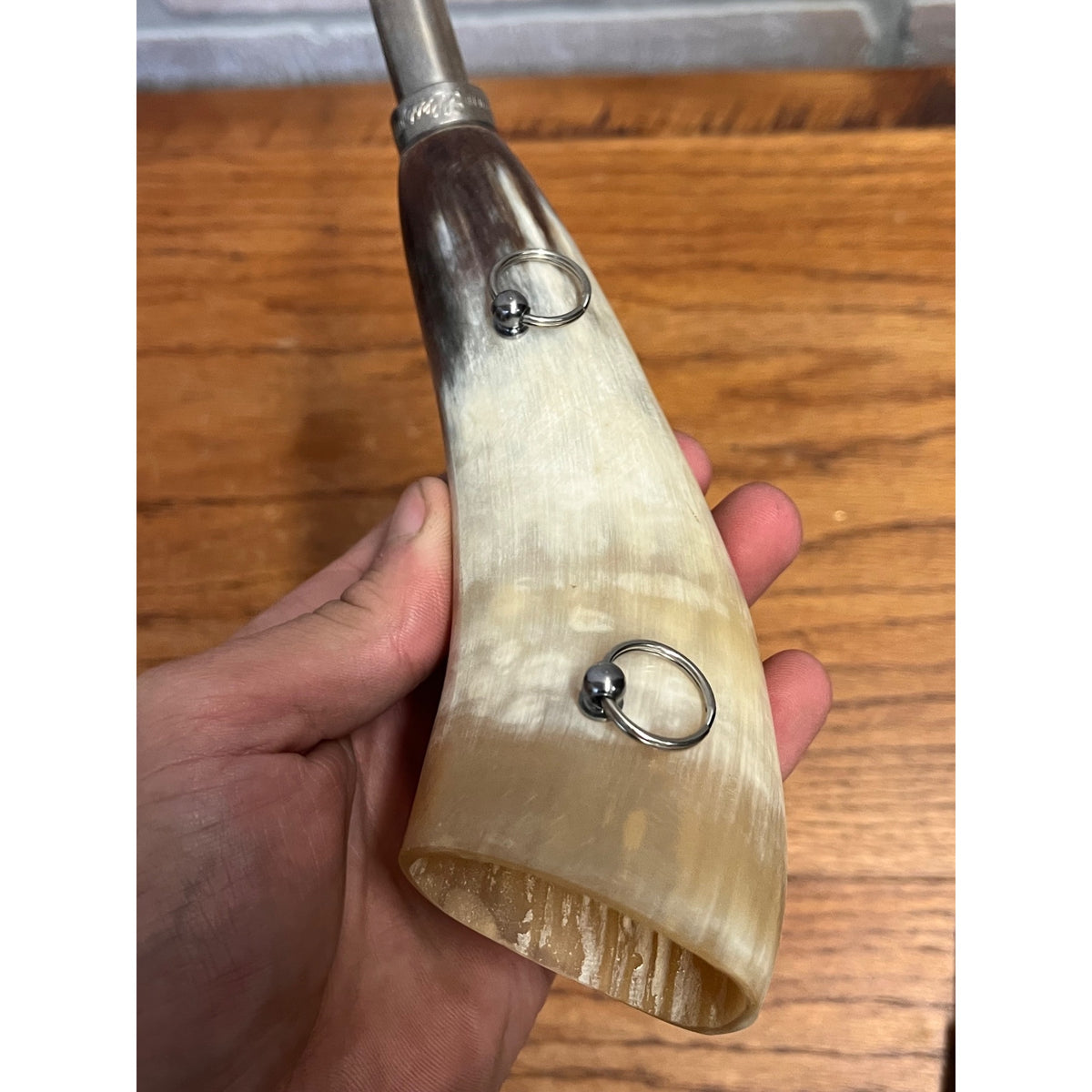 Vintage Modele Elless Depose Carved Bovine Hunting Horn Pair France Circa 1960