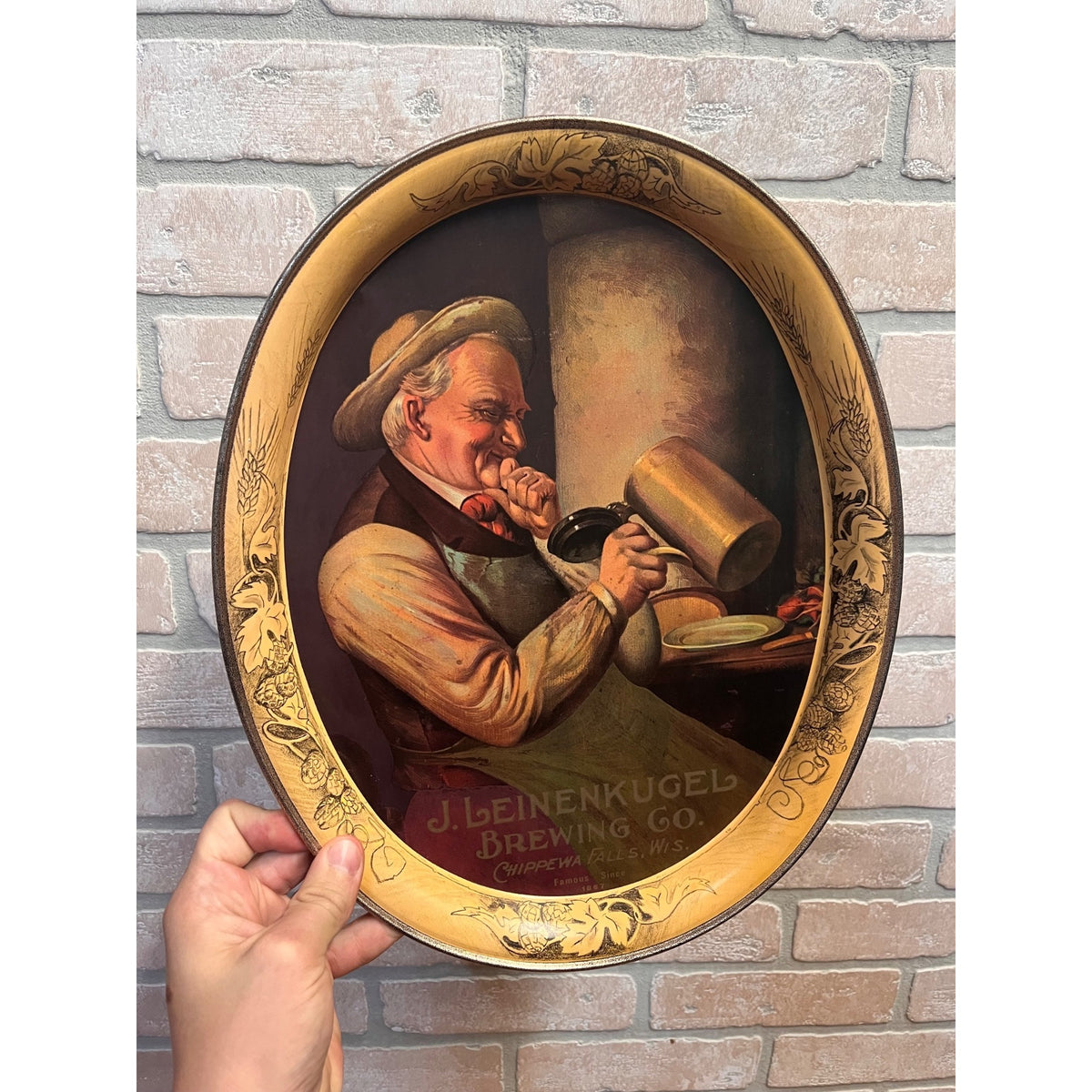 Vintage J. Leinenkugel Brewing Co. Man With Beer Stein Oval Metal Serving Tray Chippewa Falls, WI
