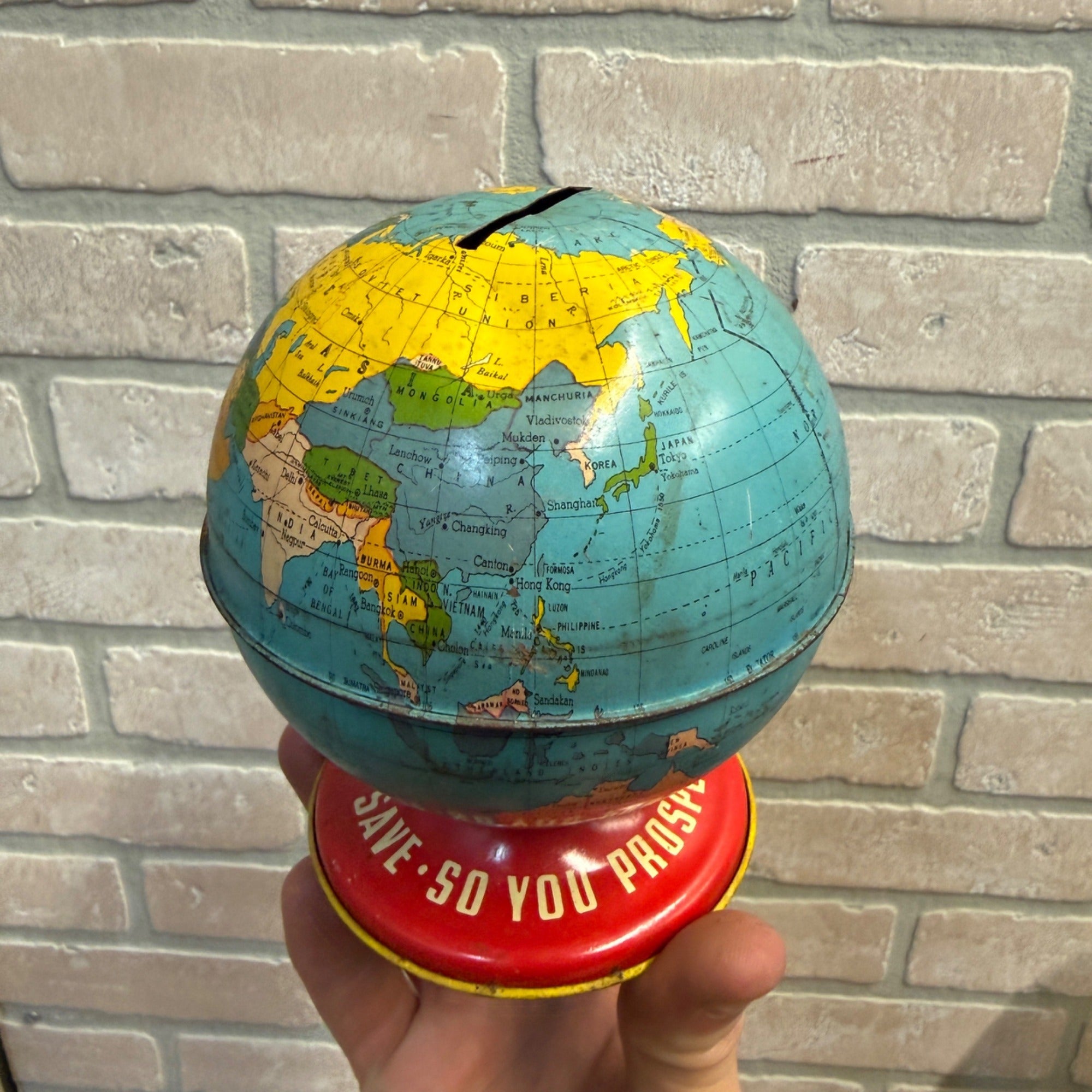 Ohio Art Co. WORLD BANK GLOBE Tin Litho Made in USA As You Save So You Prosper