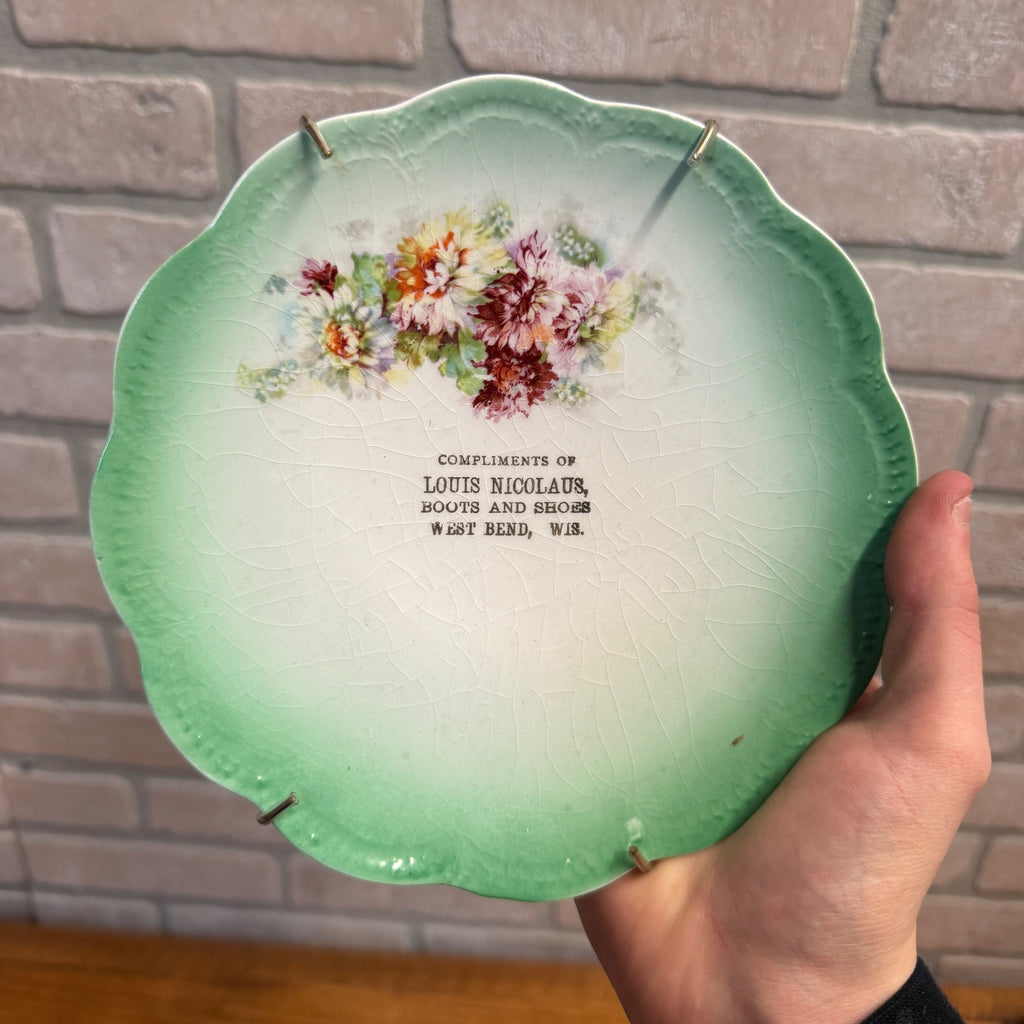 Vintage Nicolaus Boots Shoes Store Advertising Plate Dish West Bend Wisconsin