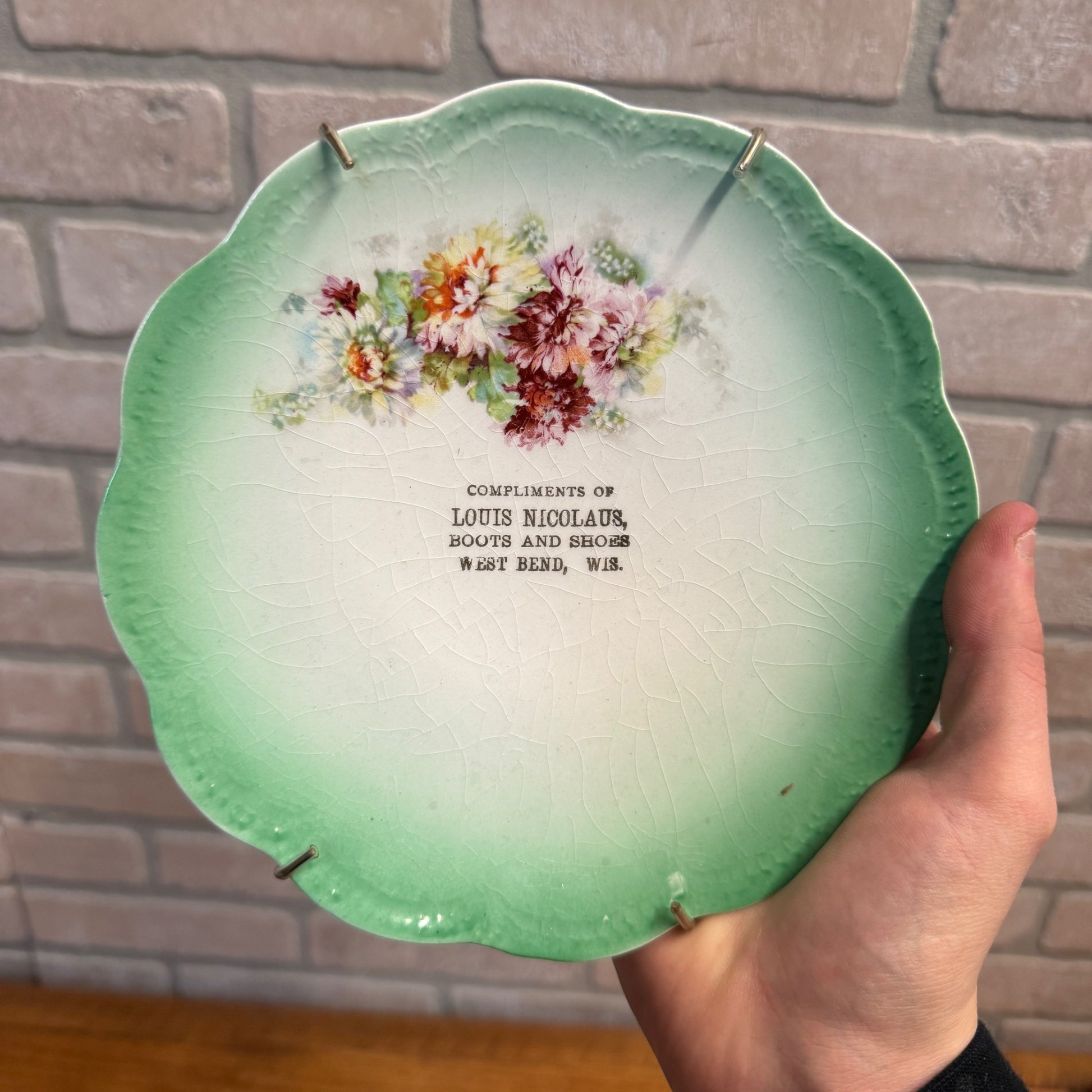 Vintage Nicolaus Boots Shoes Store Advertising Plate Dish West Bend Wisconsin