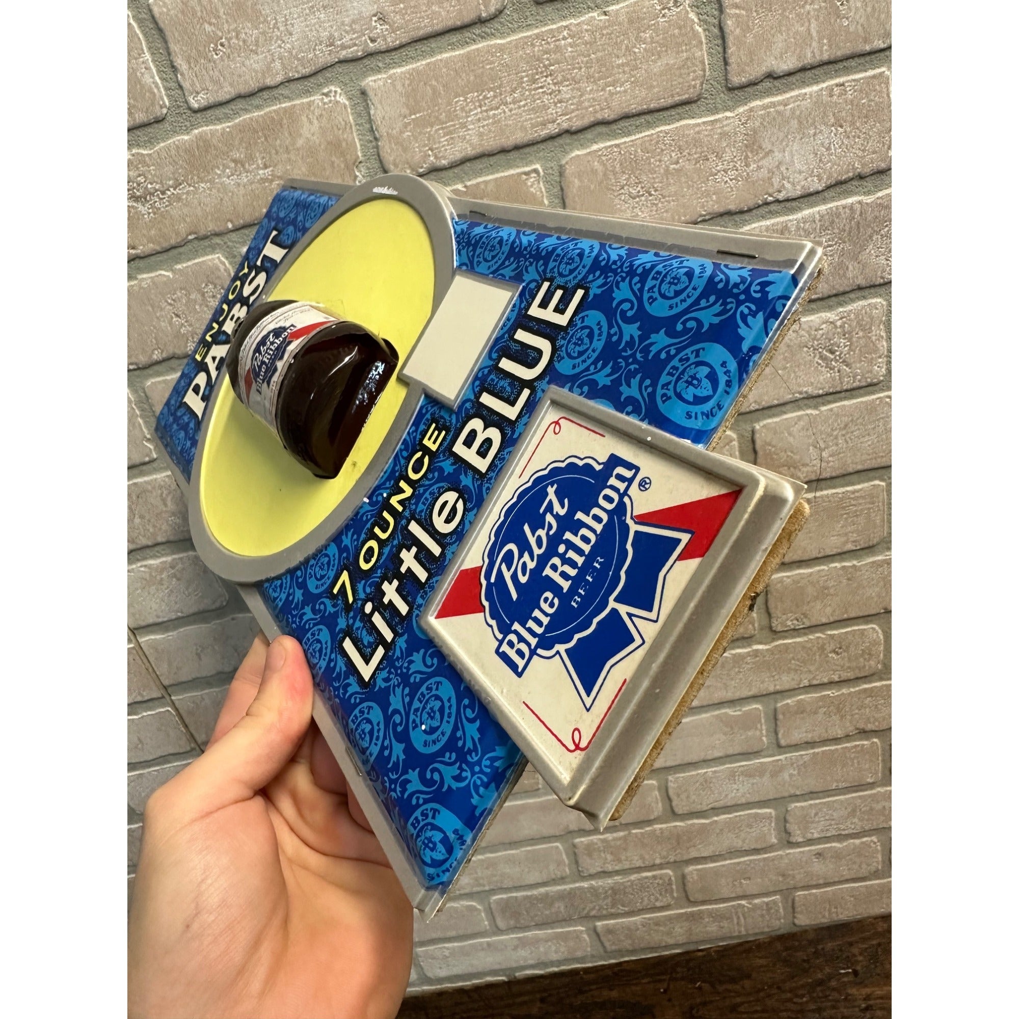 VINTAGE PABST BLUE RIBBON "LITTLE BLUE" 3-D BOTTLE BEER SIGN 7OZ BOTTLE PLASTIC