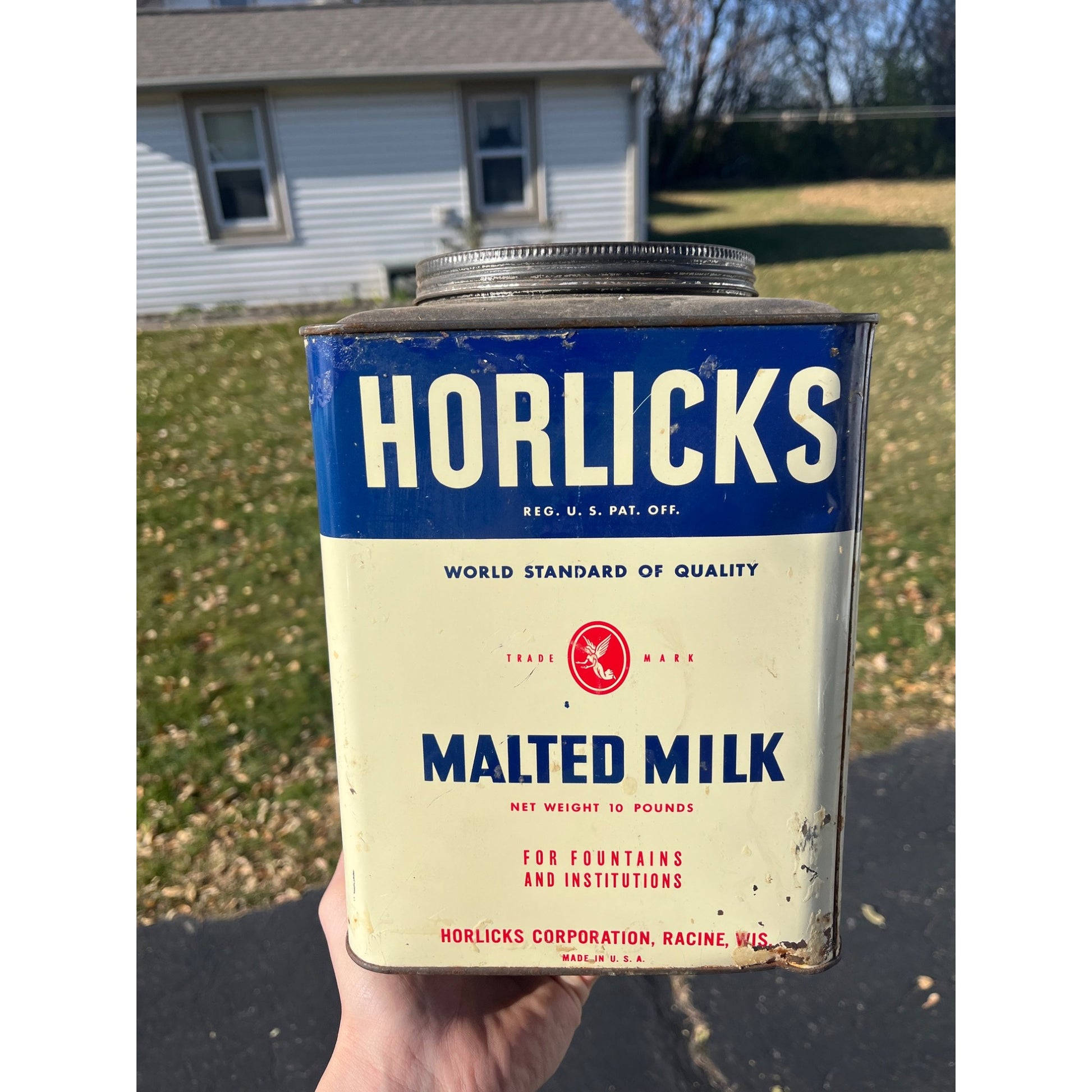 Vintage Horlick's Malted Milk Advertising Tin 10lb Kitchen Farmhouse Racine Wis
