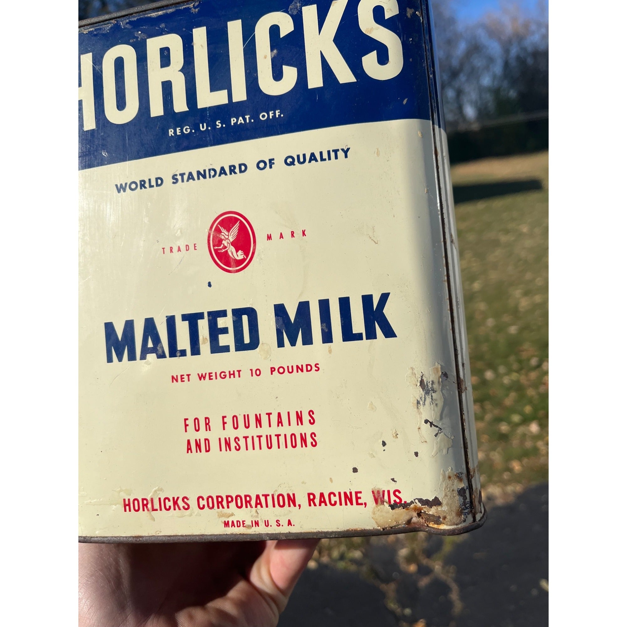 Vintage Horlick's Malted Milk Advertising Tin 10lb Kitchen Farmhouse Racine Wis