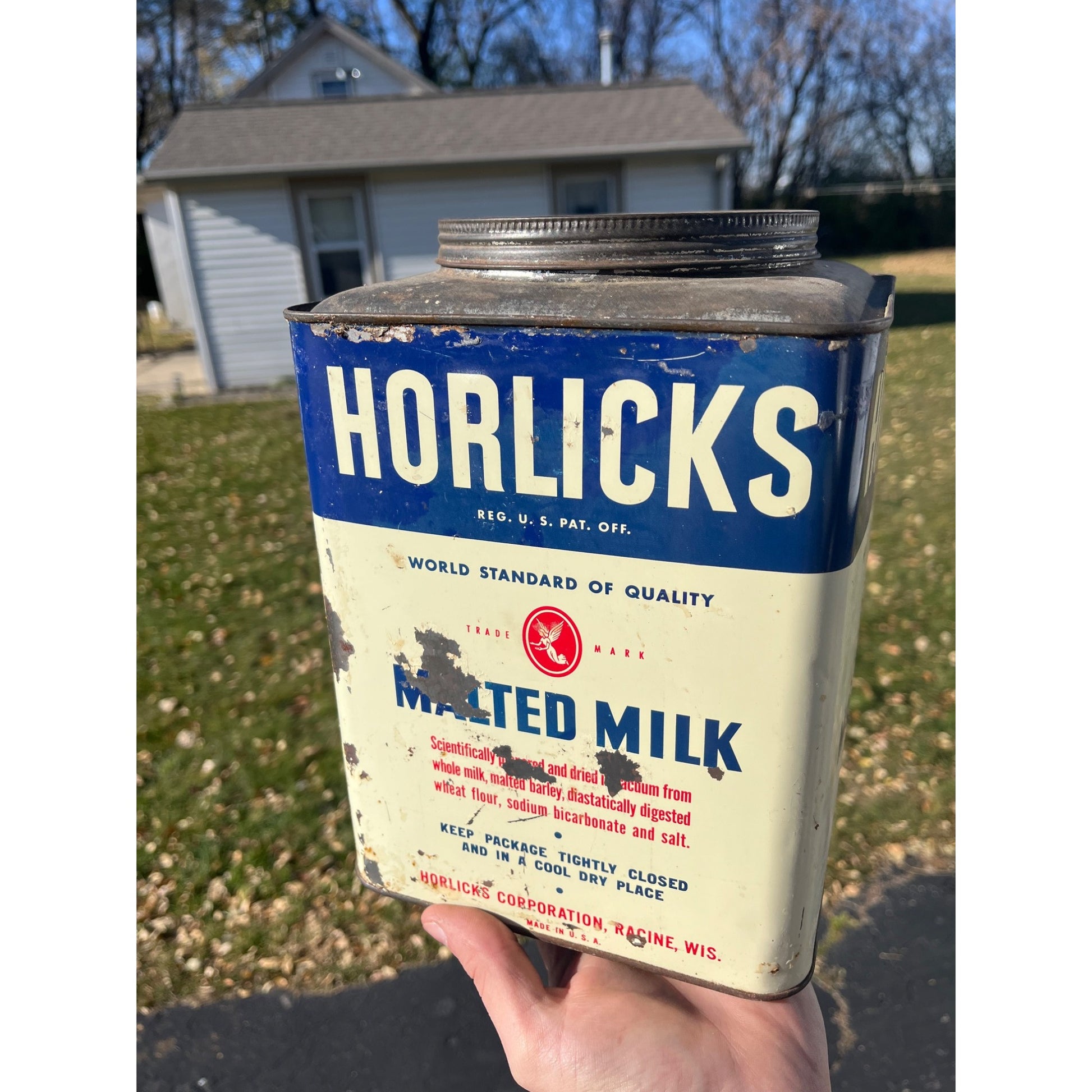 Vintage Horlick's Malted Milk Advertising Tin 10lb Kitchen Farmhouse Racine Wis