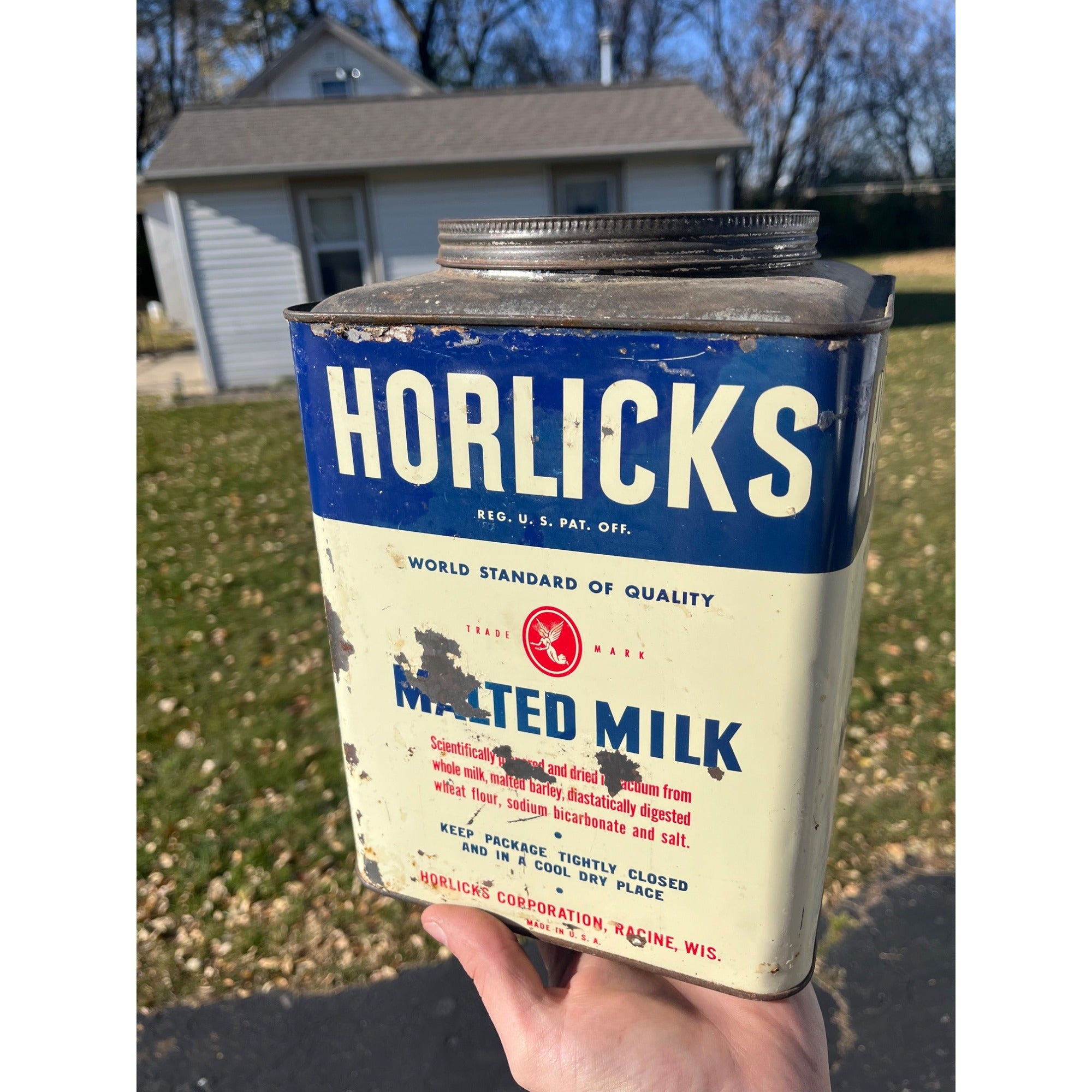 Vintage Horlick's Malted Milk Advertising Tin 10lb Kitchen Farmhouse Racine Wis