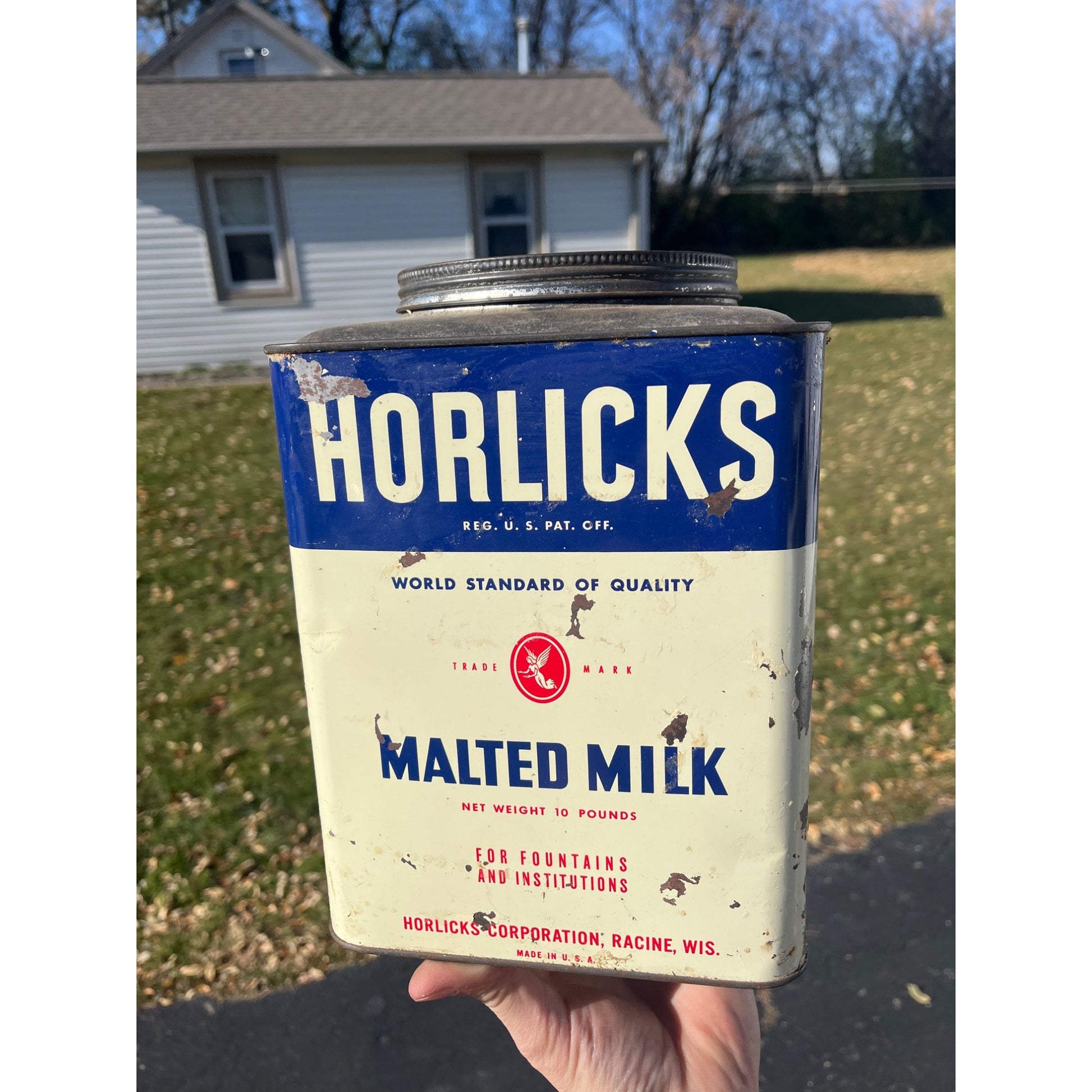 Vintage Horlick's Malted Milk Advertising Tin 10lb Kitchen Farmhouse Racine Wis