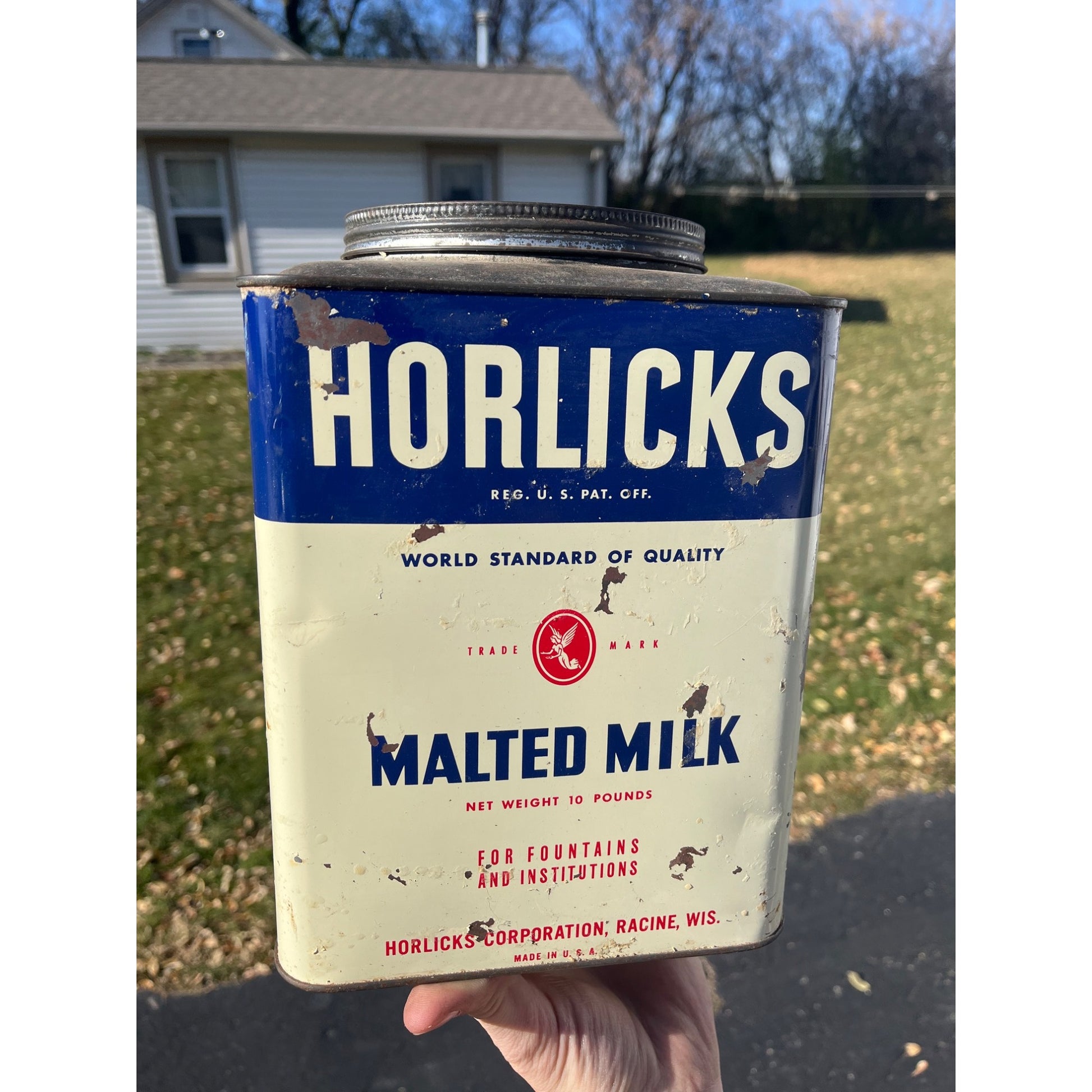 Vintage Horlick's Malted Milk Advertising Tin 10lb Kitchen Farmhouse Racine Wis