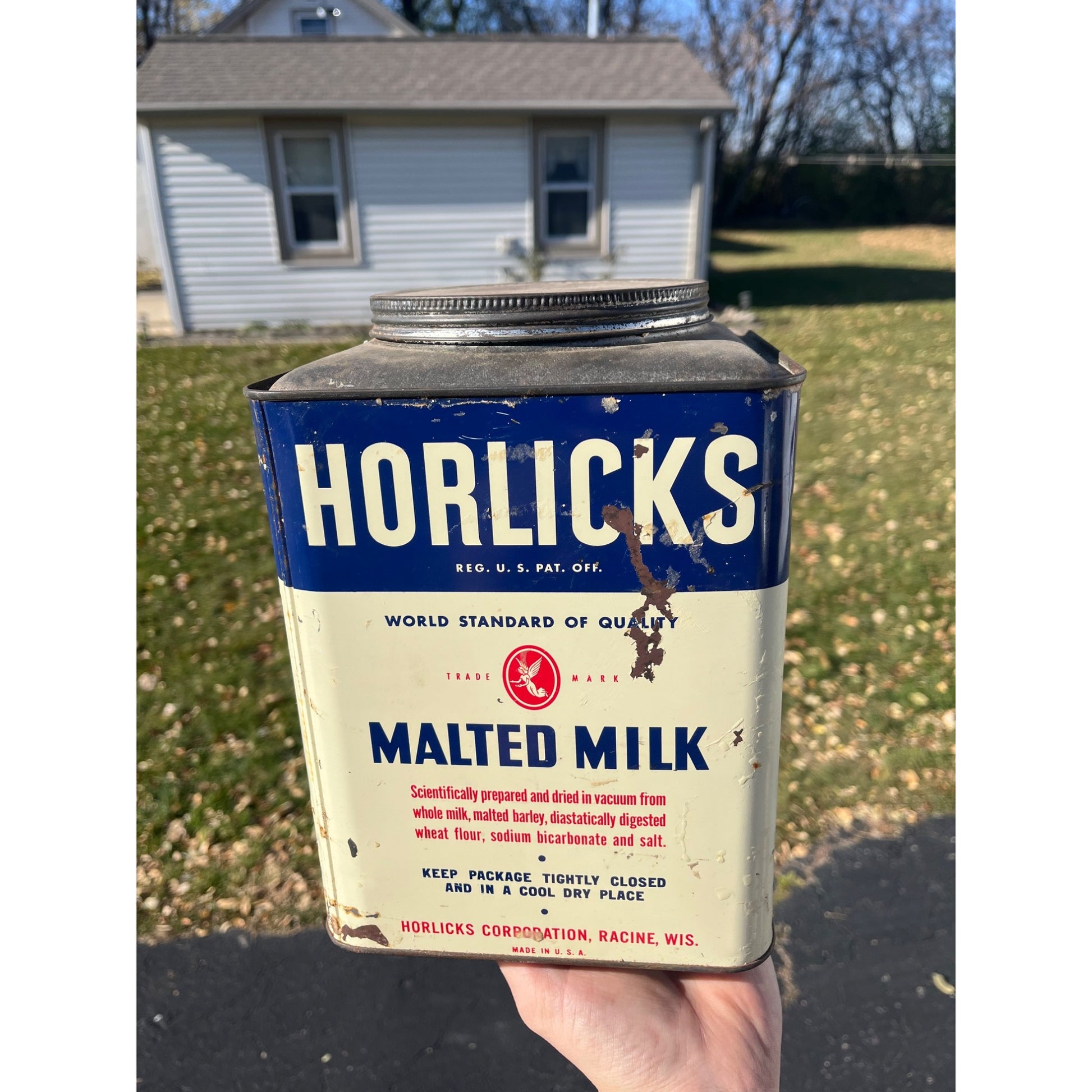 Vintage Horlick's Malted Milk Advertising Tin 10lb Kitchen Farmhouse Racine Wis