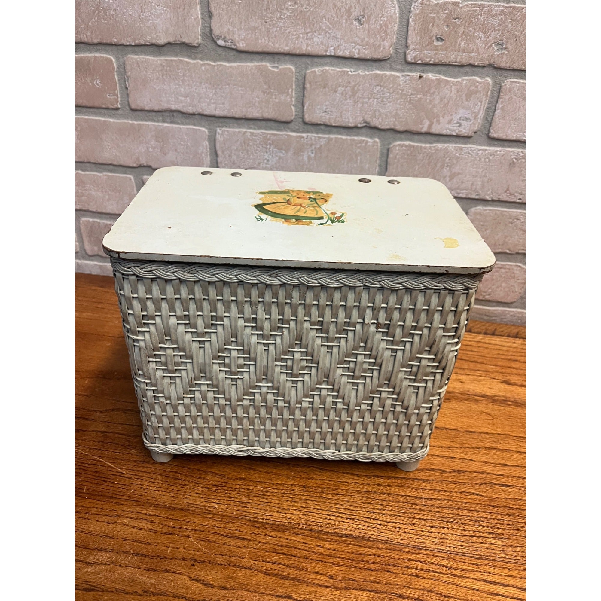 Vintage 1950s CHILD'S TOY WICKER Hamper with Dutch Girl Decal on Top