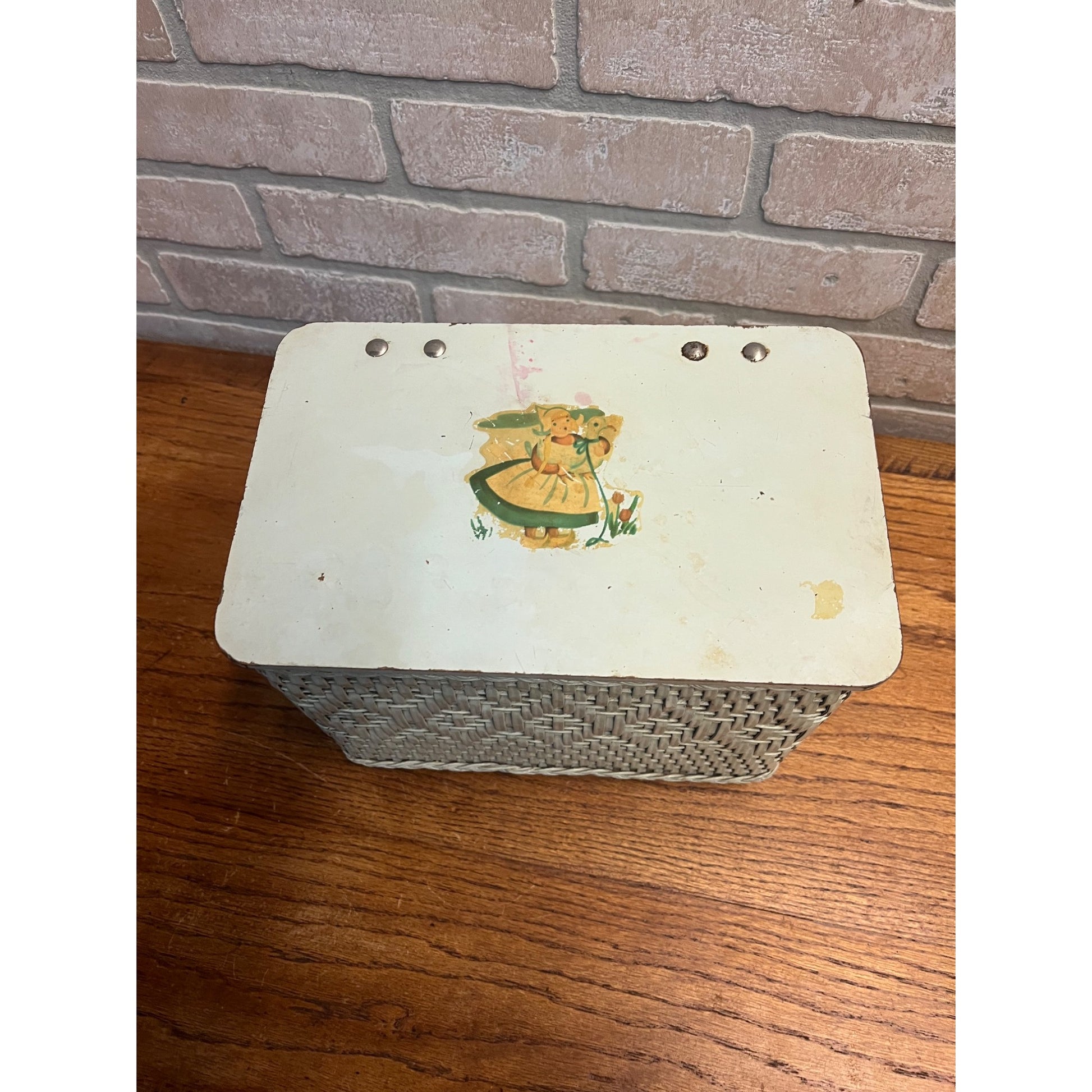 Vintage 1950s CHILD'S TOY WICKER Hamper with Dutch Girl Decal on Top
