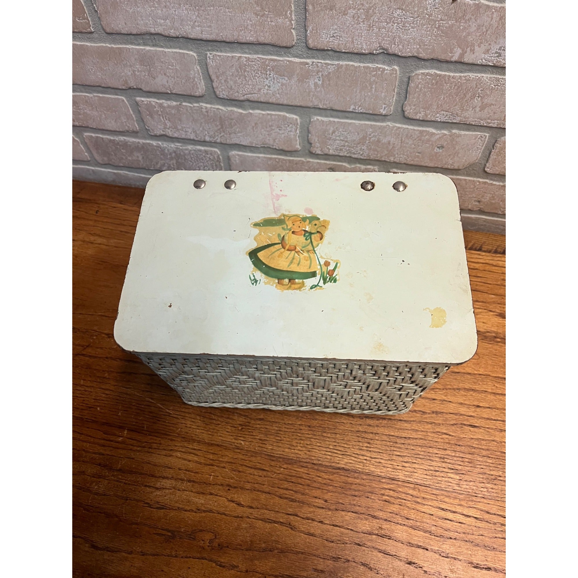 Vintage 1950s CHILD'S TOY WICKER Hamper with Dutch Girl Decal on Top