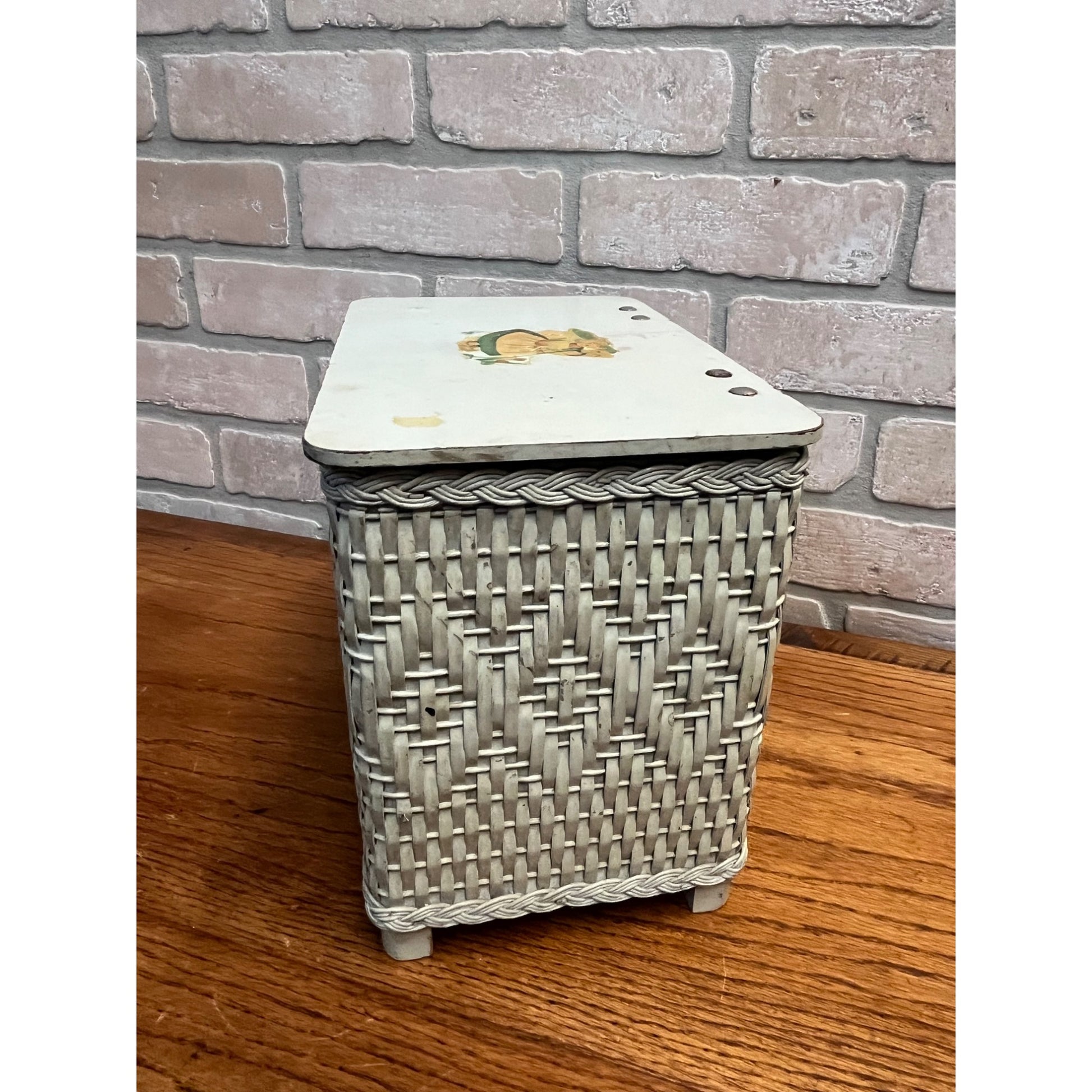 Vintage 1950s CHILD'S TOY WICKER Hamper with Dutch Girl Decal on Top